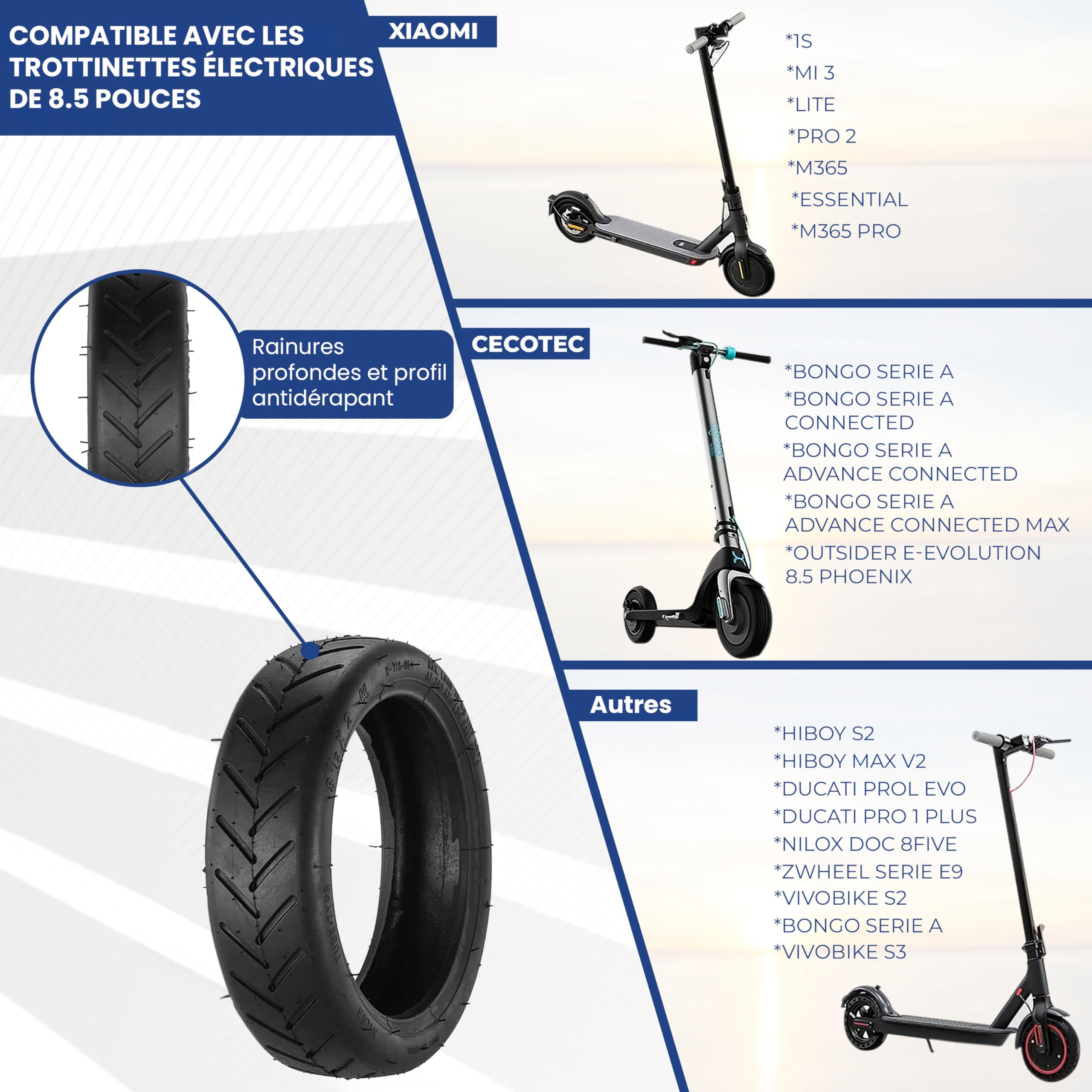 ANSENI Pneu et Chambre à air 8.5 Pouces, Roue 50/75-6.1, Pneu 8 1/2X2 Pour Trottinette Electrique Xiaomi M365/Pro/Pro2/1S/Essential Et Wispeed T855/T850 (2 Pneu+ 2 Chambre à air)