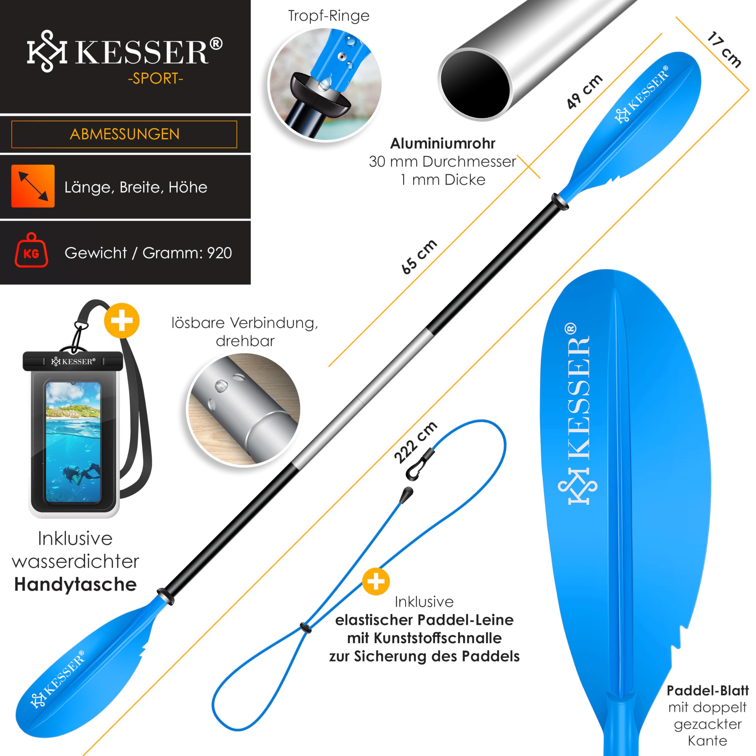 KESSER® Paddle Doppelpaddel - 4-teilig für Kayak SUP Stand-Up Paddling Board Stechpaddel, 228cm Aluminum Perfekt für Schlauchboot, Stand Up Paddel Inkl. Sicherheitsschnur, Handyhülle, Surfboard Boot