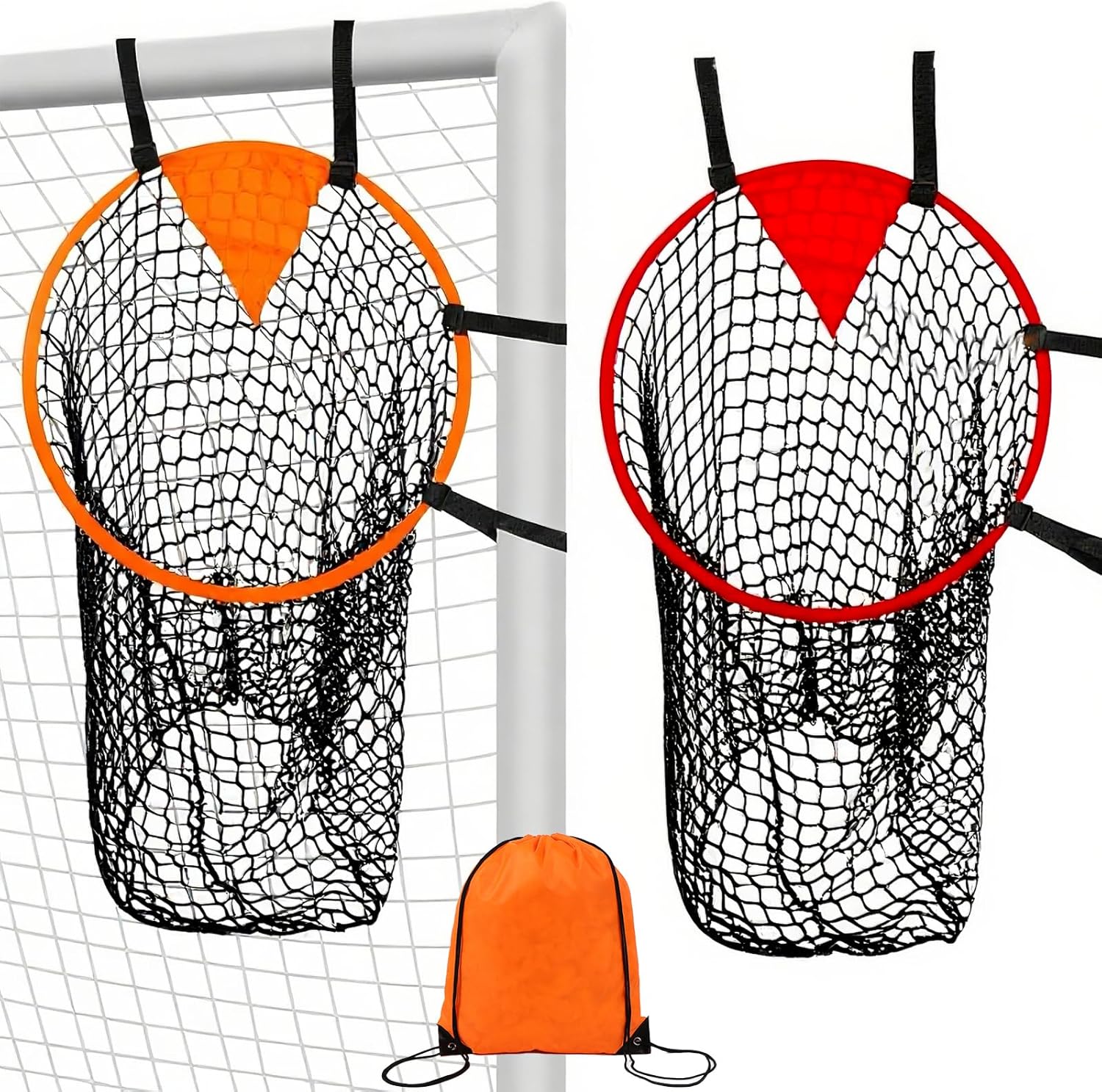 Soccer Goal Target Nets with Bag 2-Pack  Orange & Red High-Visibility Accuracy Trainers with Catch Net, Adjustable Straps, Portable Shooting Targets