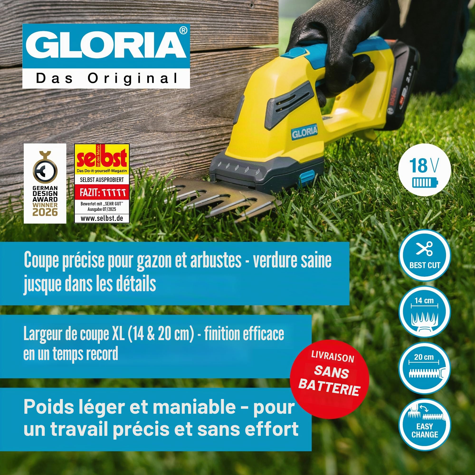 GLORIA Cisaille Gazon FineCut 18V Compact | Compatible Batterie Bosch