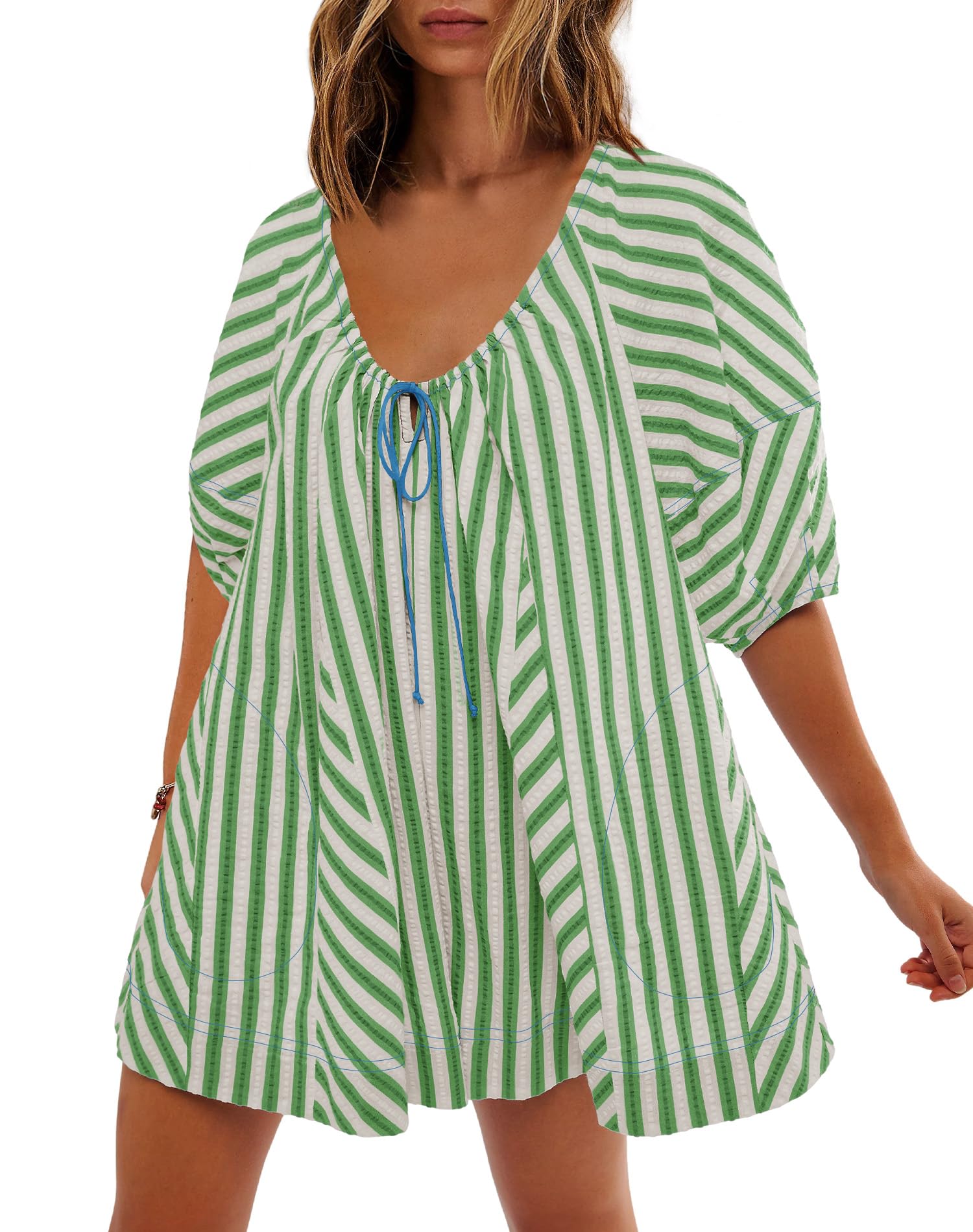 Photo 1 of SENSERISE Striped Puff Sleeve Romper