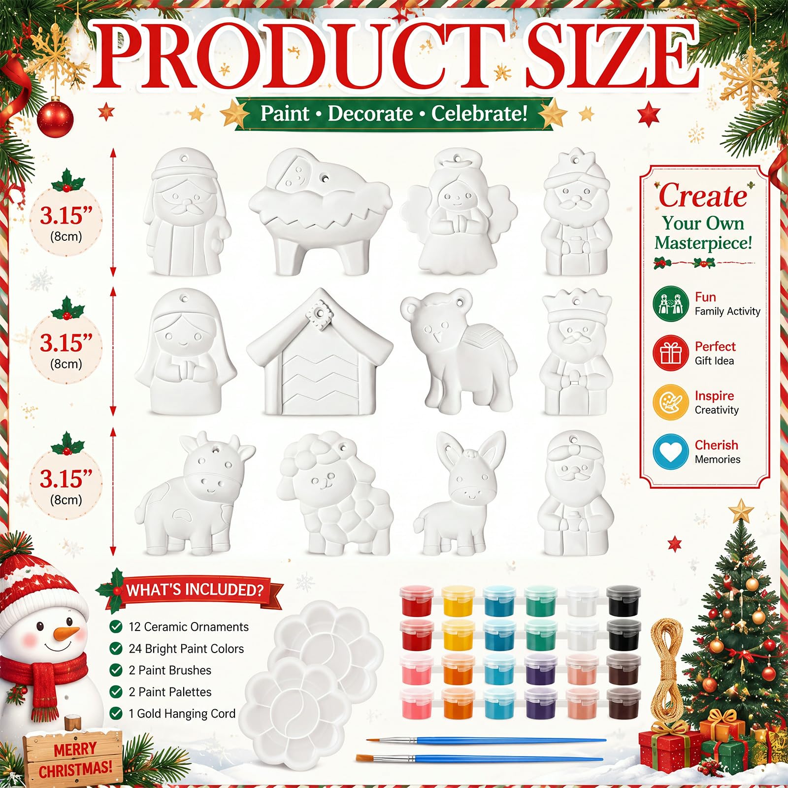 Soulchen Lot de 24 kits de peinture en céramique pour crèche de Noël - Peinture religieuse sur le thème de la naissance de Jésus - Décorations pour les vacances à faire soi-même - Kit d'activités de