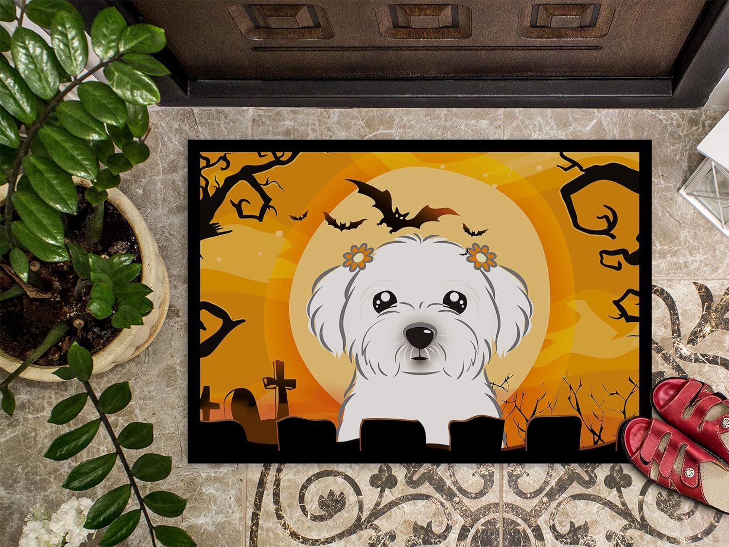 Caroline's Treasures BB1766MAT Halloween Maltese Doormat 18x27 Front Door Mat Indoor Outdoor Rugs for Entryway, Non Slip Washable Low Pile, 18H X 27W