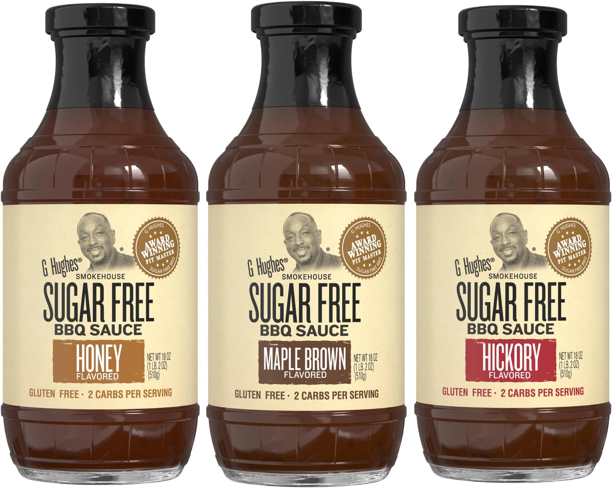 G Hughes Sugar Free, BBQ Sauce Variety Pack - Maple Brown, Honey, & Hickory, Gluten Free Barbecue Sauces, Sugar Free BBQ Sauces, Low Carb Barbecue Sauces - 18 Oz (3-Pack)