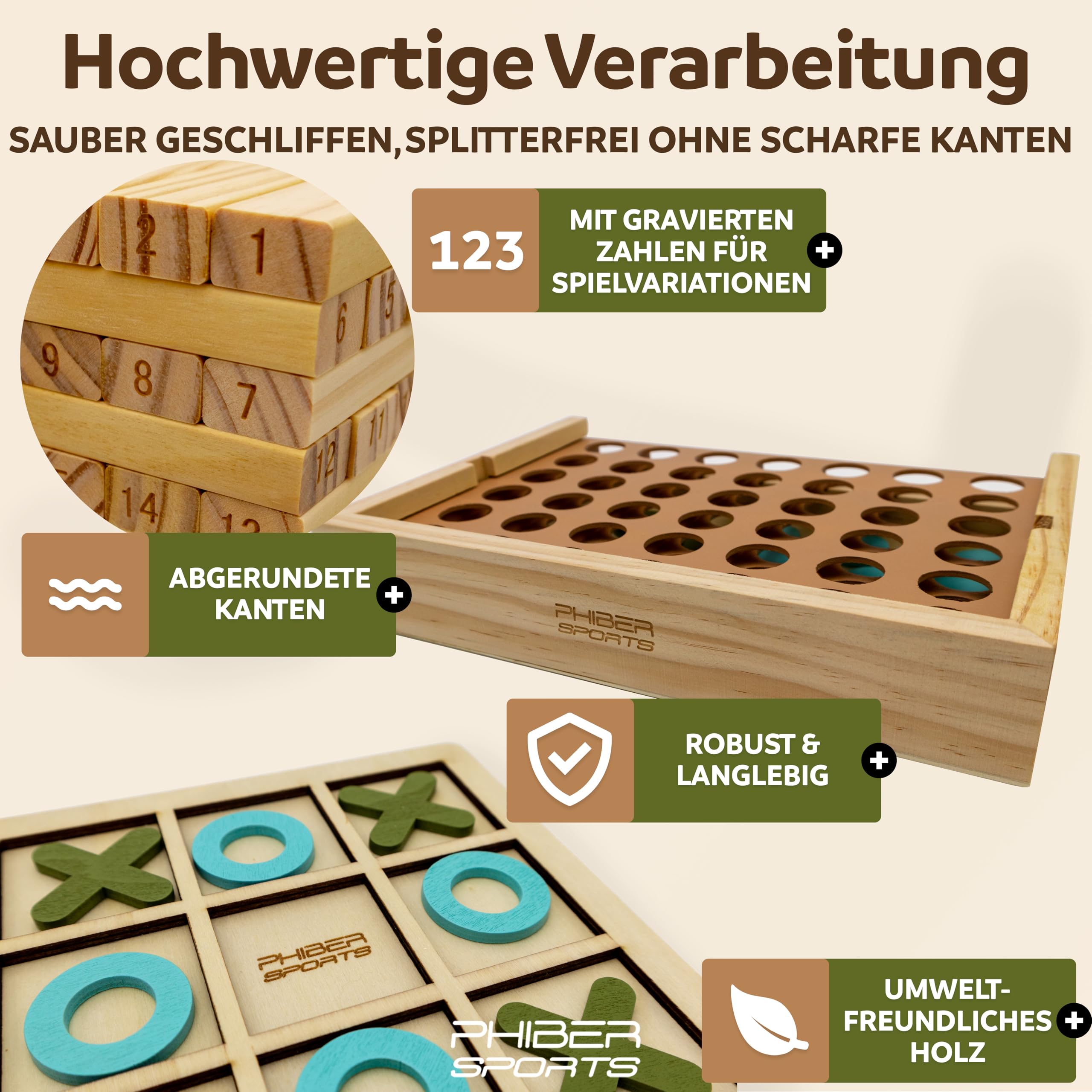 PHIBER-SPORTS 4-in-1 Holz Spielesammlung: Wackelturm, Vier-in-Einer-Reihe, Tic Tac Toe & Mikado Kinder & Erwachsene - Robust, Langlebig & Plastikfrei - Holzturm 4 Spiel