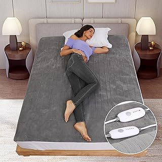 SUNNY HEAT Electric Mattress Pad King Size 78''x80, Dual Control with 5 Heating Levels, 10-Hour Auto Shut Off, Fast Heating, Soft Coral Fleece, Machine Washable, Grey