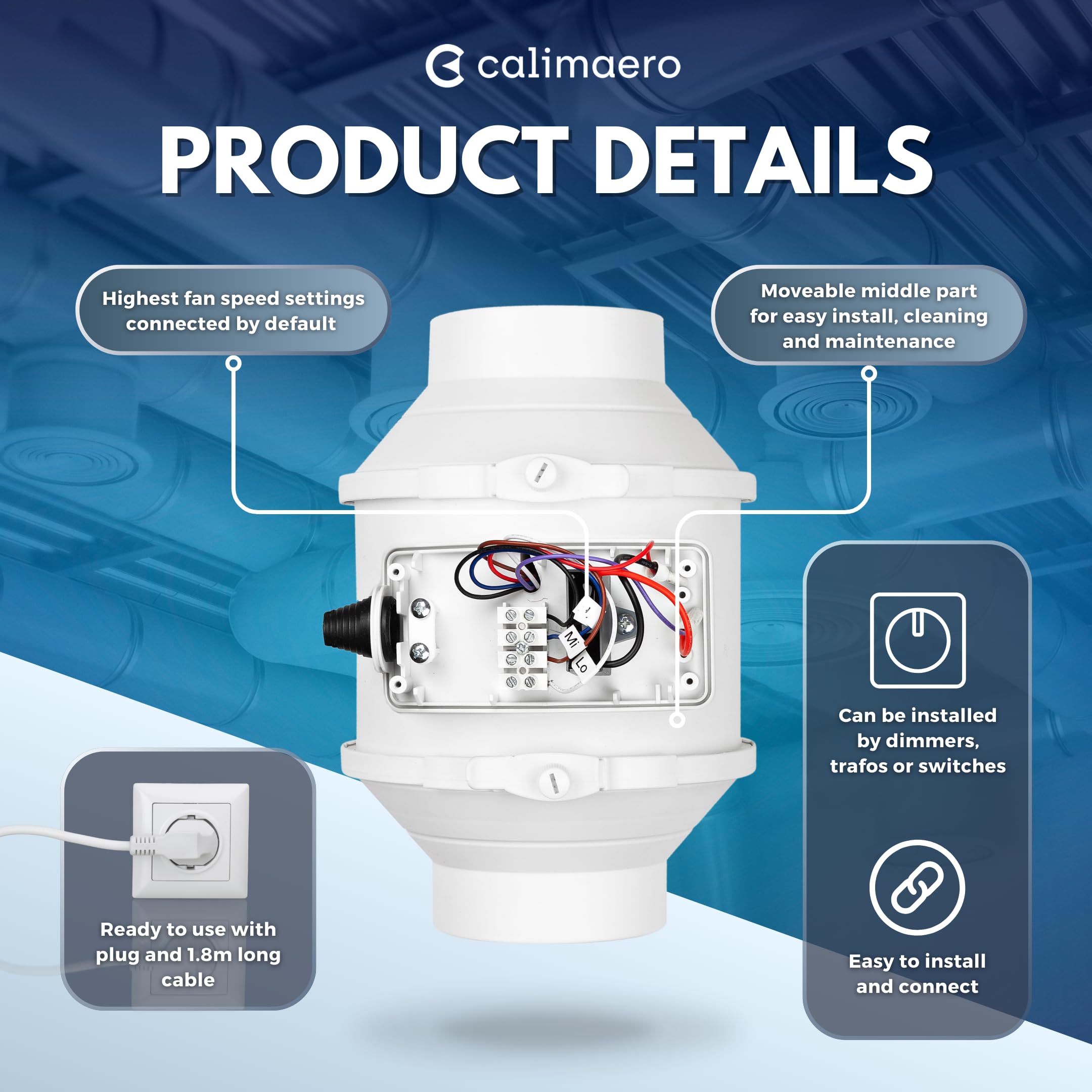 CALIFLOW Ventola Aspirazione 100mm Potente ventilatore in linea combinabile con filtro HEPA filtro a carboni attivi 3 stadi max. 198m³/h, 33Watt / 56dB / Jet-proof/Plastica