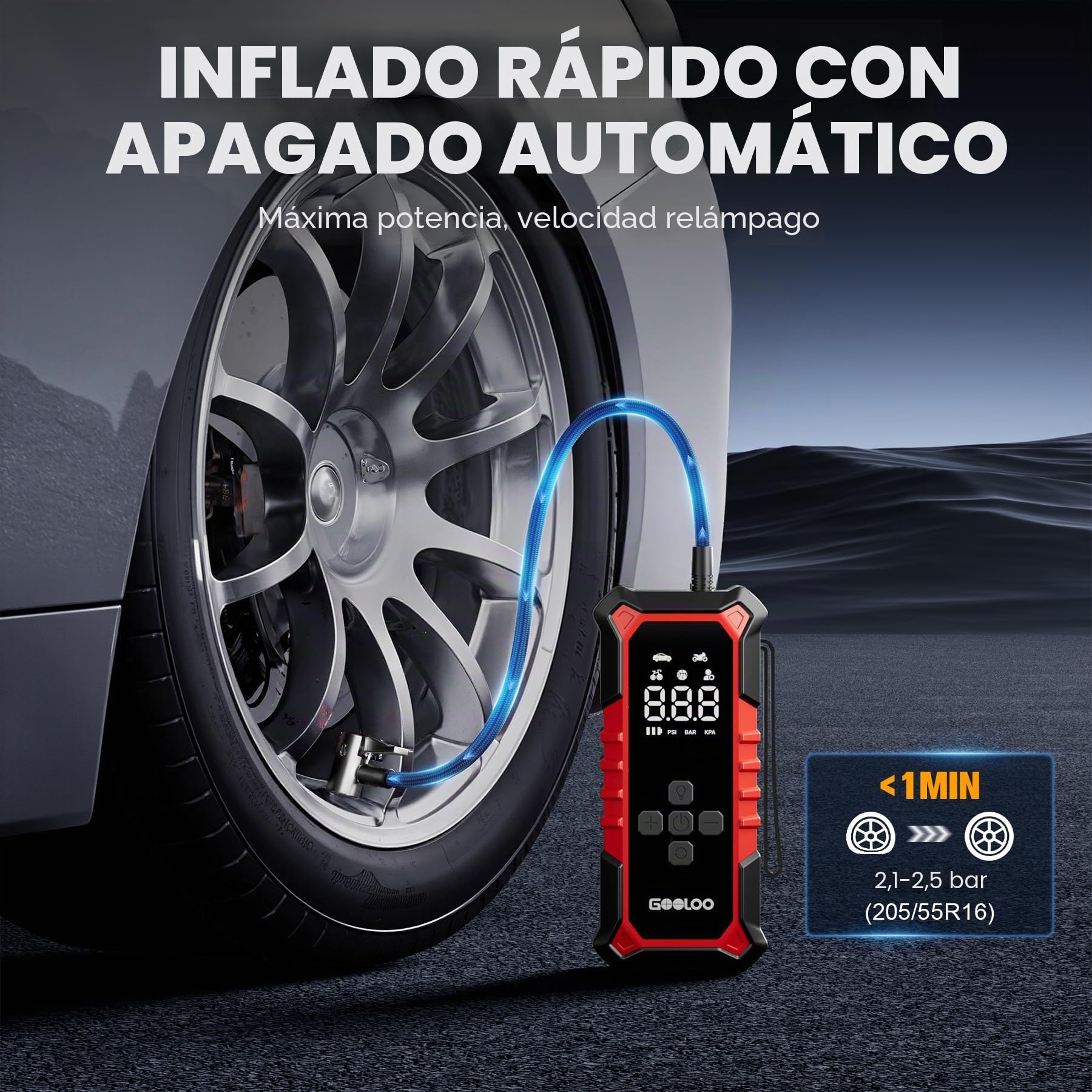 GOOLOO A6 Gear Mini Compresor Eléctrico 160PSI Pantalla Digital | Bomba Portátil 11 Bar, Apagado Automático, Inflador Electrico Con Luz LED, Para Bicicleta, Coche, Moto Y Balones