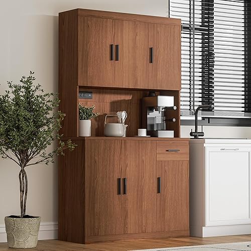 DIYART 71 Inch Brown Pantry Cabinet with Power Outlet, Heavy-Duty Freestanding Kitchen Storage Organizer with Reinforced Frame, Pantry Hutch for Kitchen, Dining Room, Laundry Room - Brown