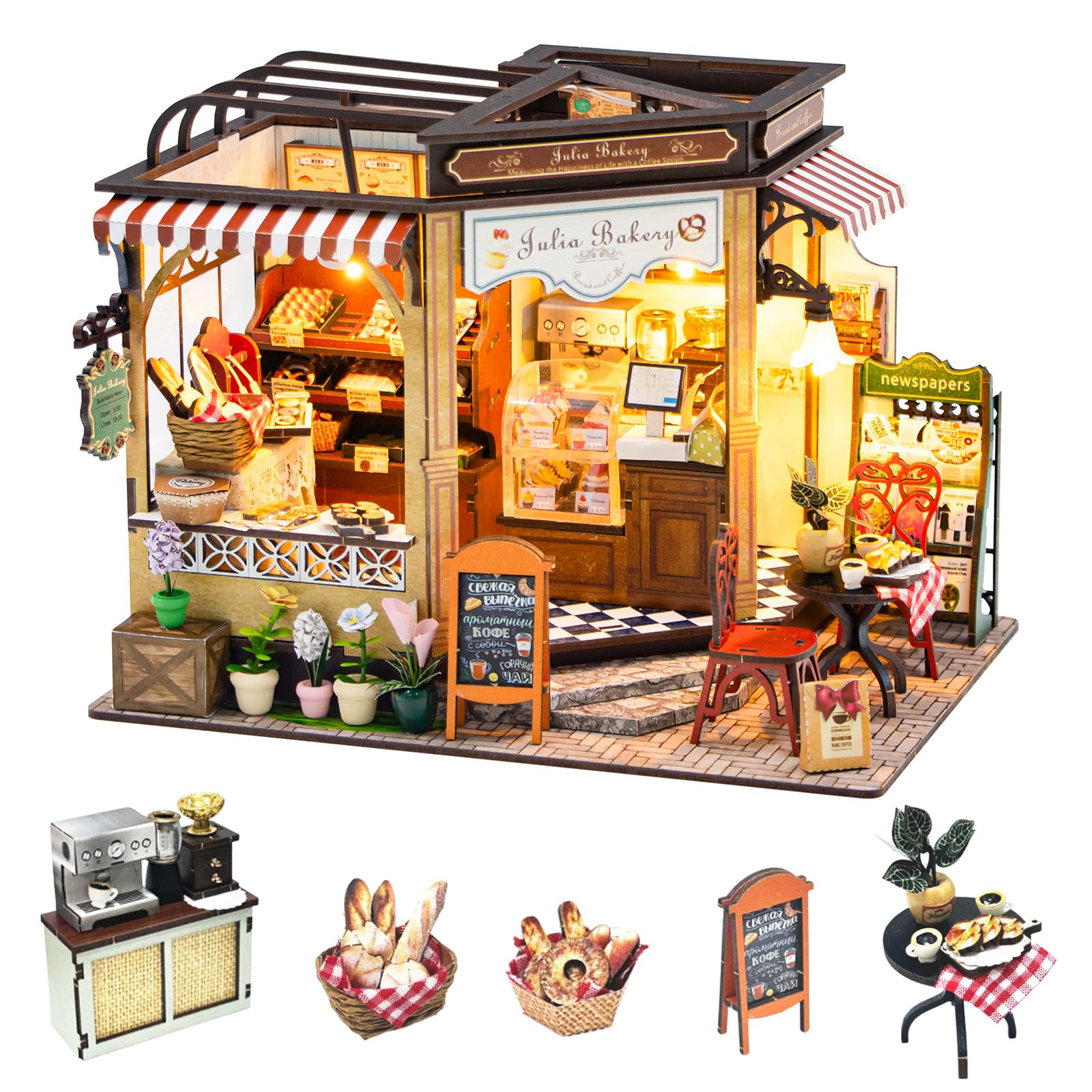 CUTEROOM Domek dla lalek z drewna, miniaturowy zestaw, miniaturowy zestaw do piekarni, model Julia's Café, kreatywny prezent dla dorosłych