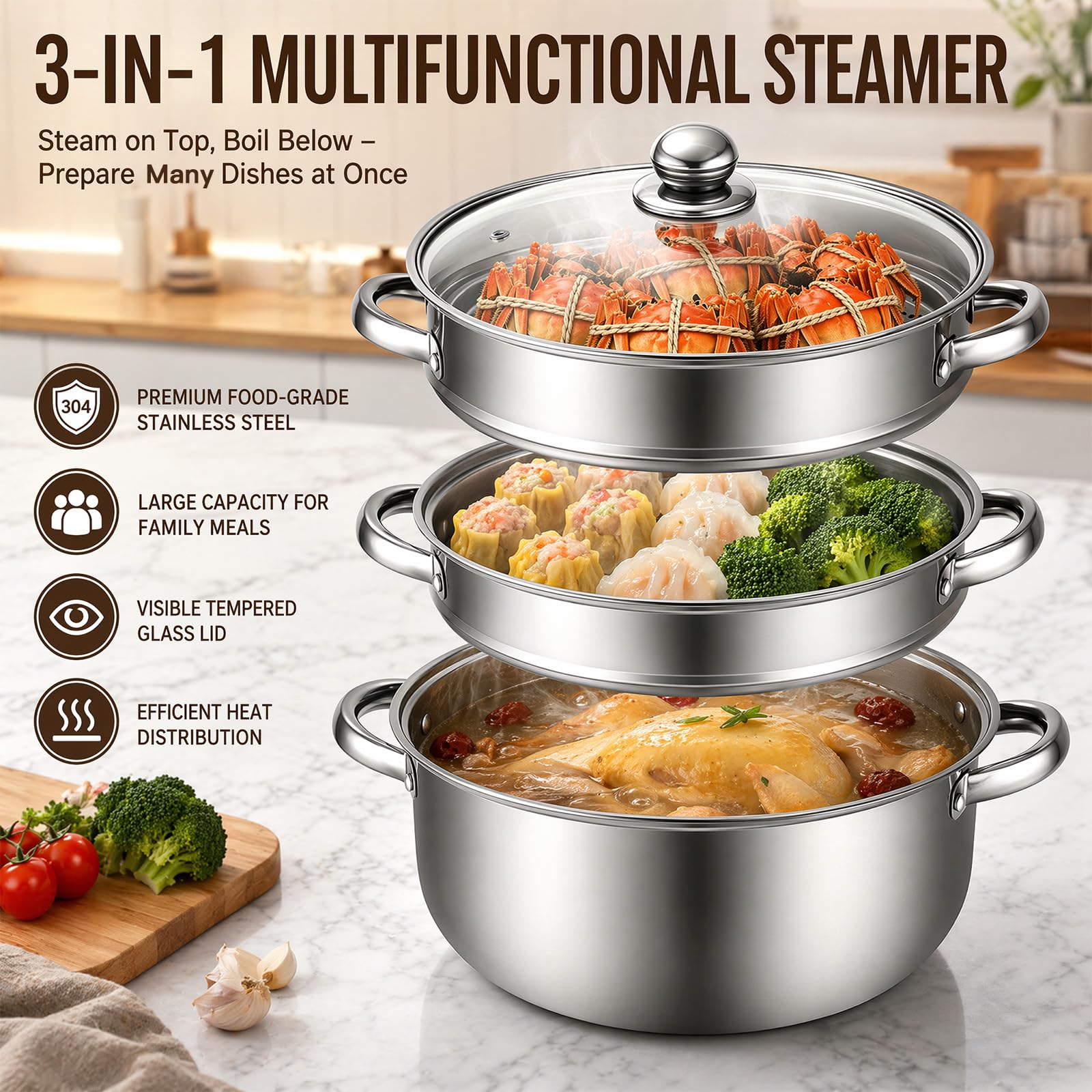 MeYuxg Dampfgarer zum Kochen,28cm Edelstahl Dampfkocher mit Dämpfeinsatz & Glasdeckel,3/4 Lagiger Dampfgarer Topf Induktionsgeeignet für Gemüse, Meeresfrüchte, Suppen, Nudeln,Fisch (Drei)