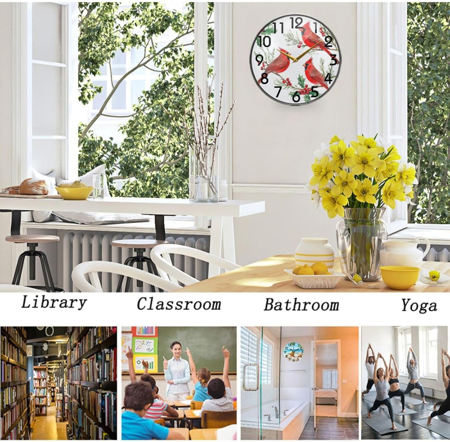 12 Inch Acrylic Round Wall Clock, Cardinals on Holly Berry Branches Christmas Silent Battery Operated Quartz Analog Quiet Desk Clock for Home,Office,School,Kitchen,Coffee Shop