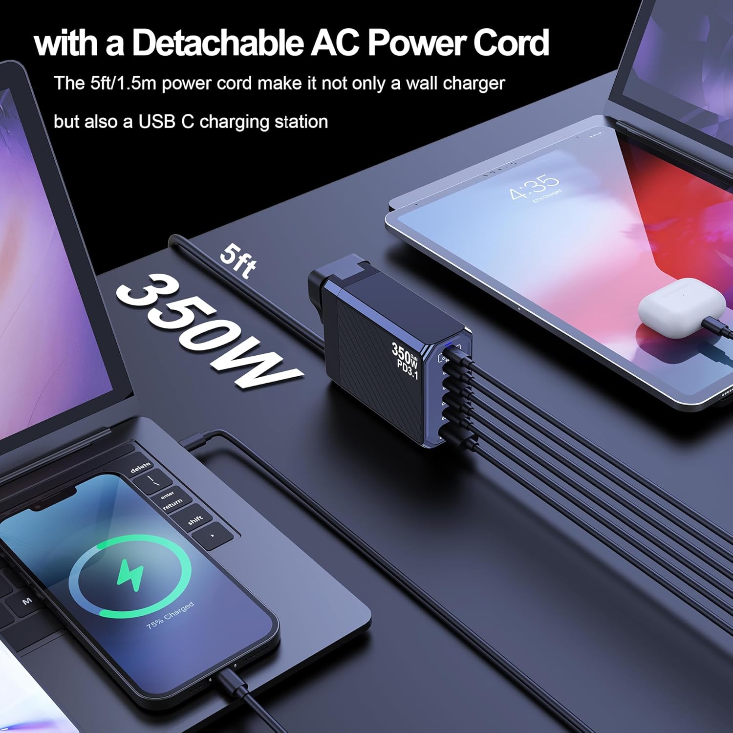 350W USB C Charger, 6-Ports PD3.1 140W Fast Charging Station, GaN Foldable Charger Block for MacBook Pro/Air, iPad, iPhone 17 16 Pro Max, Galaxy S25/S24 Ultra and More - Image 5