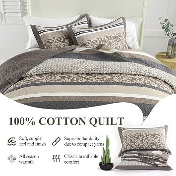 DDUOXIN Farmhouse Stripe Queen Quilt Set - 100% Cotton Quilts with 2 Pillow Shams, Botanical Bedspread Lightweight Comforter Bedding Sets for All Seasons, Brown/Beige, Queen(90 W x 98 L)