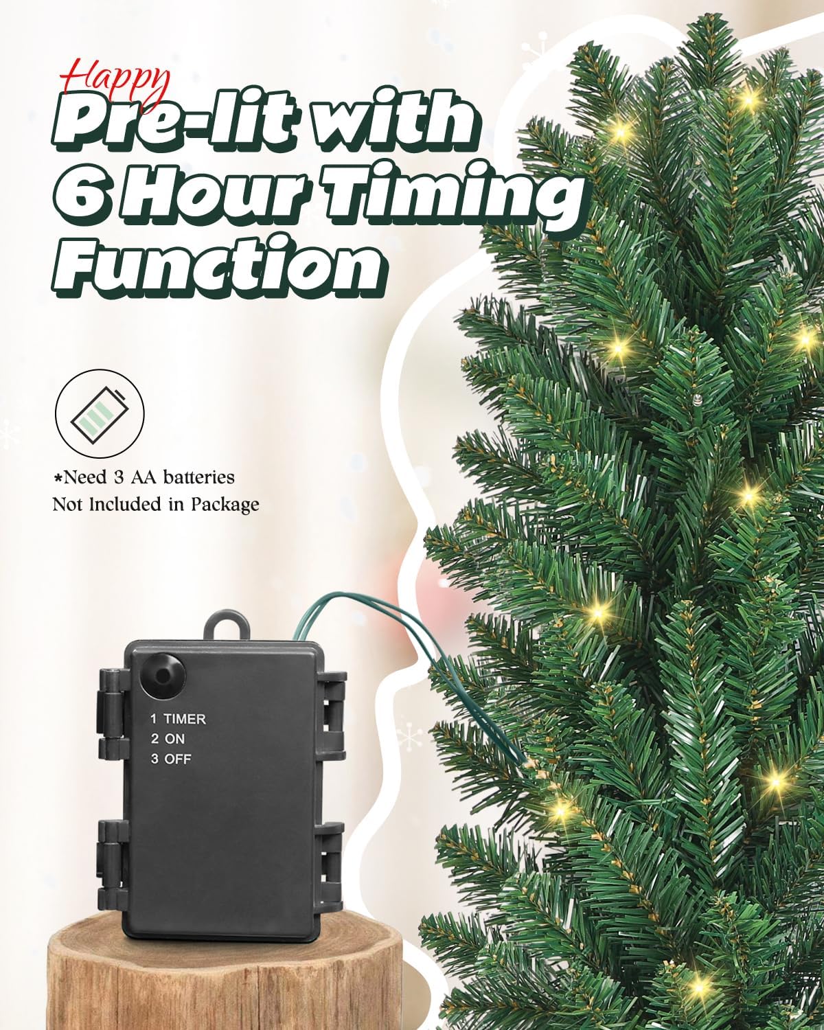 9ft Christmas Garland with LED Lights Battery Operated, Prelit Xmas Garland for Mantle, Fireplace, Stairs Railing, Artificial Christmas Garland Indoor and Outdoor Decorations - Image 3