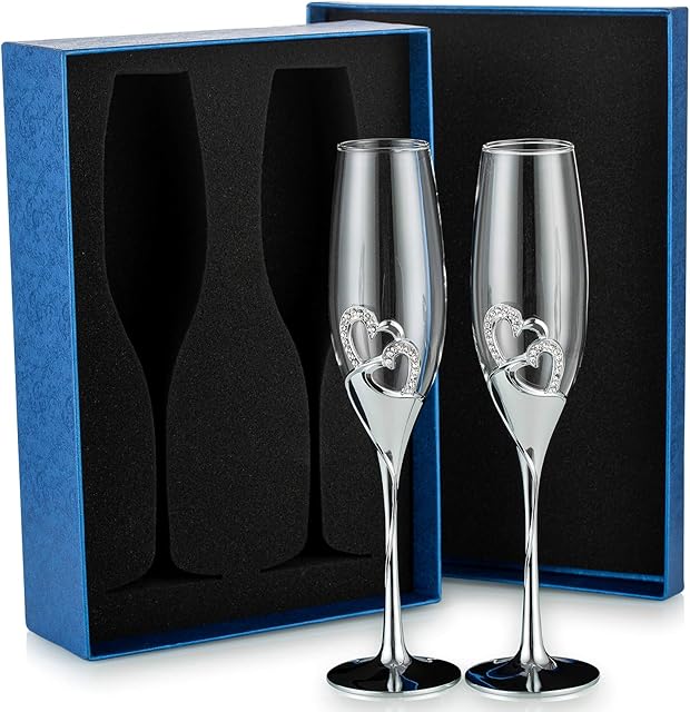 Sziqiqi 2 Piece Creative Champagne Glass Set with Gift Box Wedding Crystal Heart-Shaped Champagne Flutes, Toasting Flute Glasses with Rhinestone Rimmed Hearts Decor for Wedding Anniversary Party