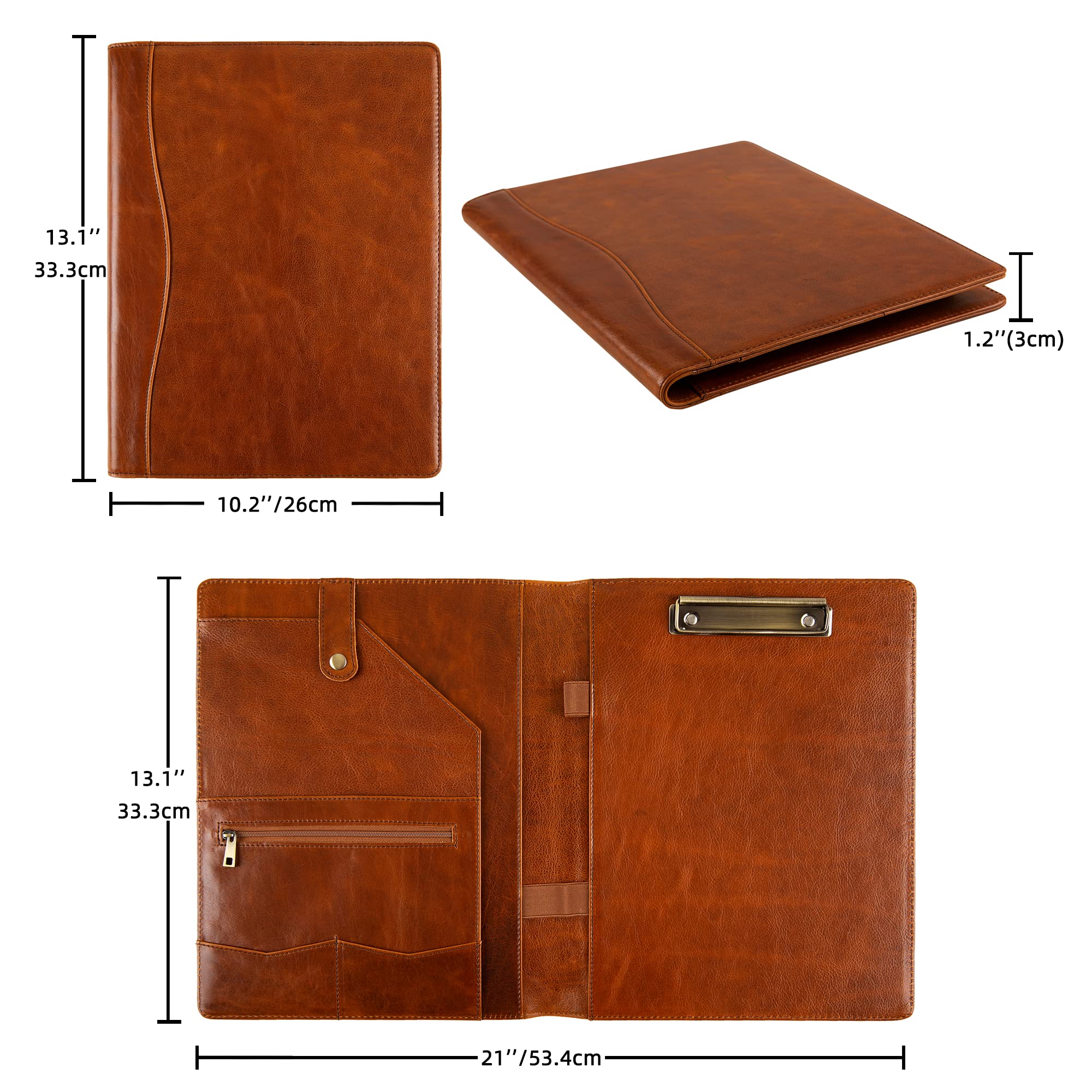 Portapapeles de piel auténtica, carpeta de piel curtida al aceite, portapapeles para mujer, carpeta de portapapeles de negocios para bloc de notas, cuaderno, planificador (marrón, no personalizable)