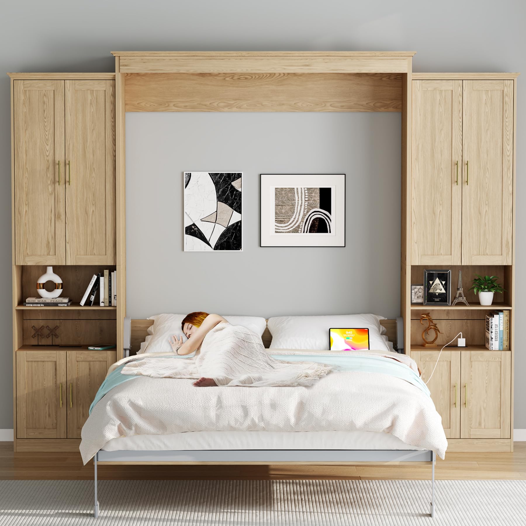 Rophefx Queen Murphy Bed with 2 Side Cabinets in Natural Wood