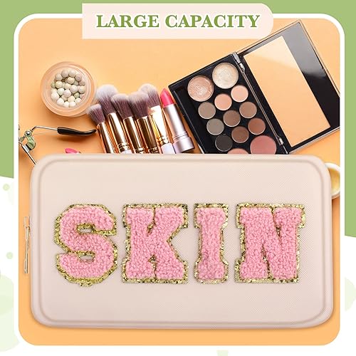 Miniatura 5 de Sanwuta Bolsa de chenilla para maquillaje, bolsa de maquillaje, con letras de chenilla, bolsa de aseo de piel sintética, impermeable, portátil,