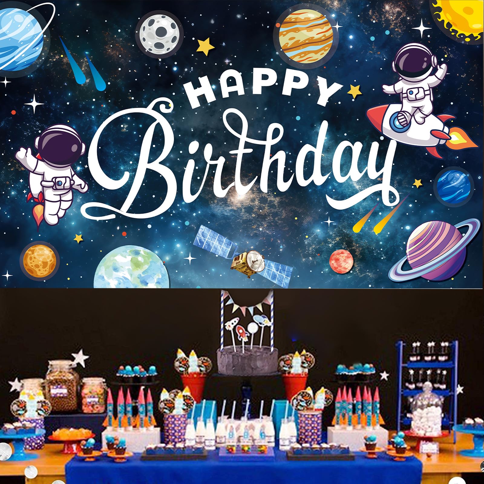 SMENGGIL Pancarta de feliz cumpleaños espacial telón de fondo para fotografía, suministros de decoración de fiesta de cumpleaños para niños, niñas, bebés, universo, planetas, galaxia solar,