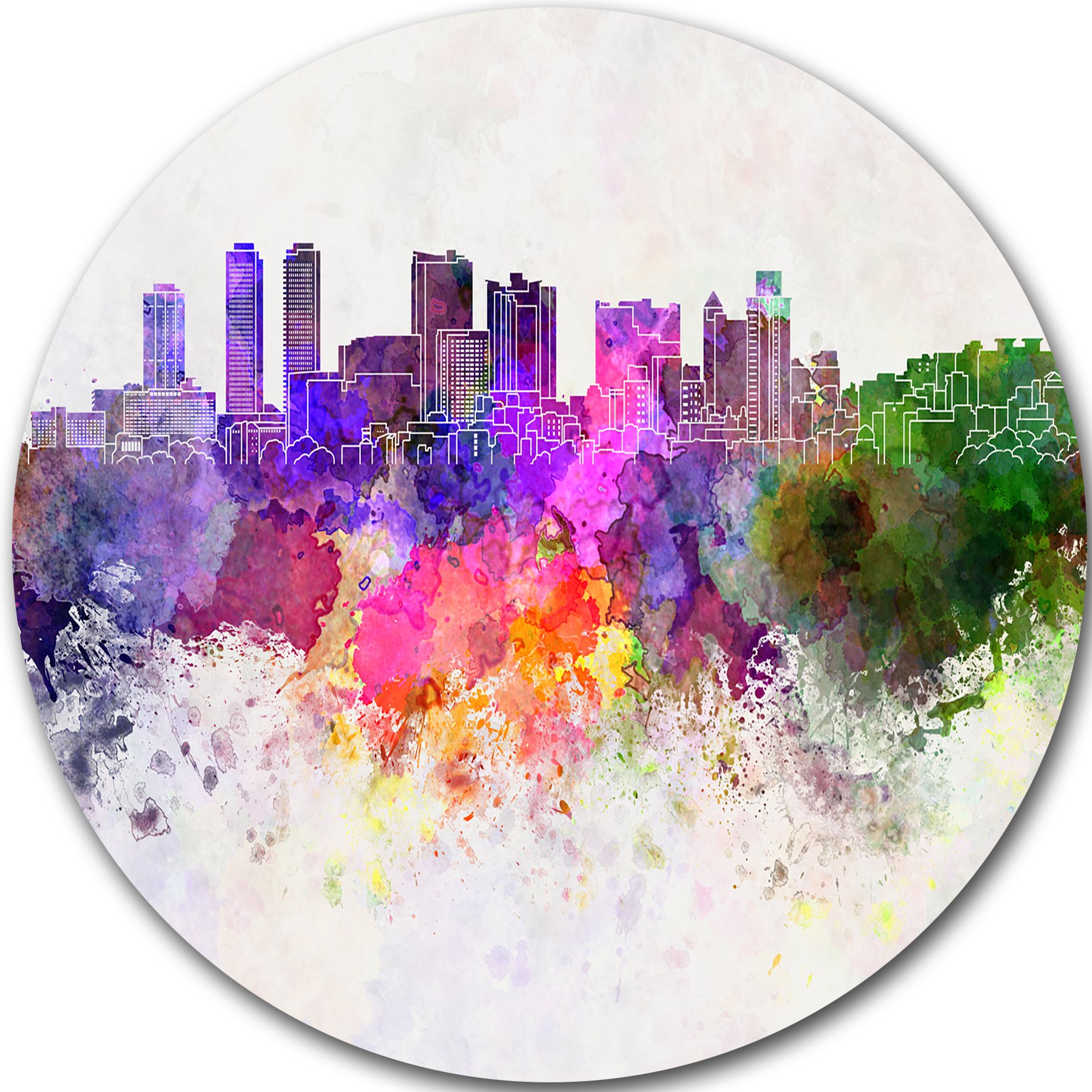 Design ArtColombo Skyline Cityscape Circle Wall Disc of 23 inch, 23'' H x 23'' W x 1'' D 1P, Purple/Yellow/Red/Pink