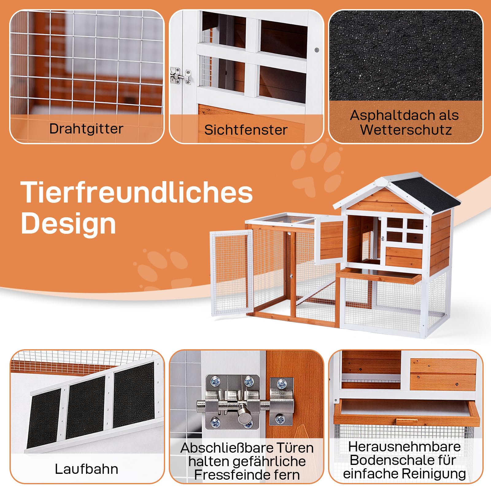 LEADZM Kaninchenstall，hasenstall draußen Winterfest，Hühnerstall aus Holz，Kleintiergehege & Käfige für draußen，Orange (123 x 63 x 90 cm)