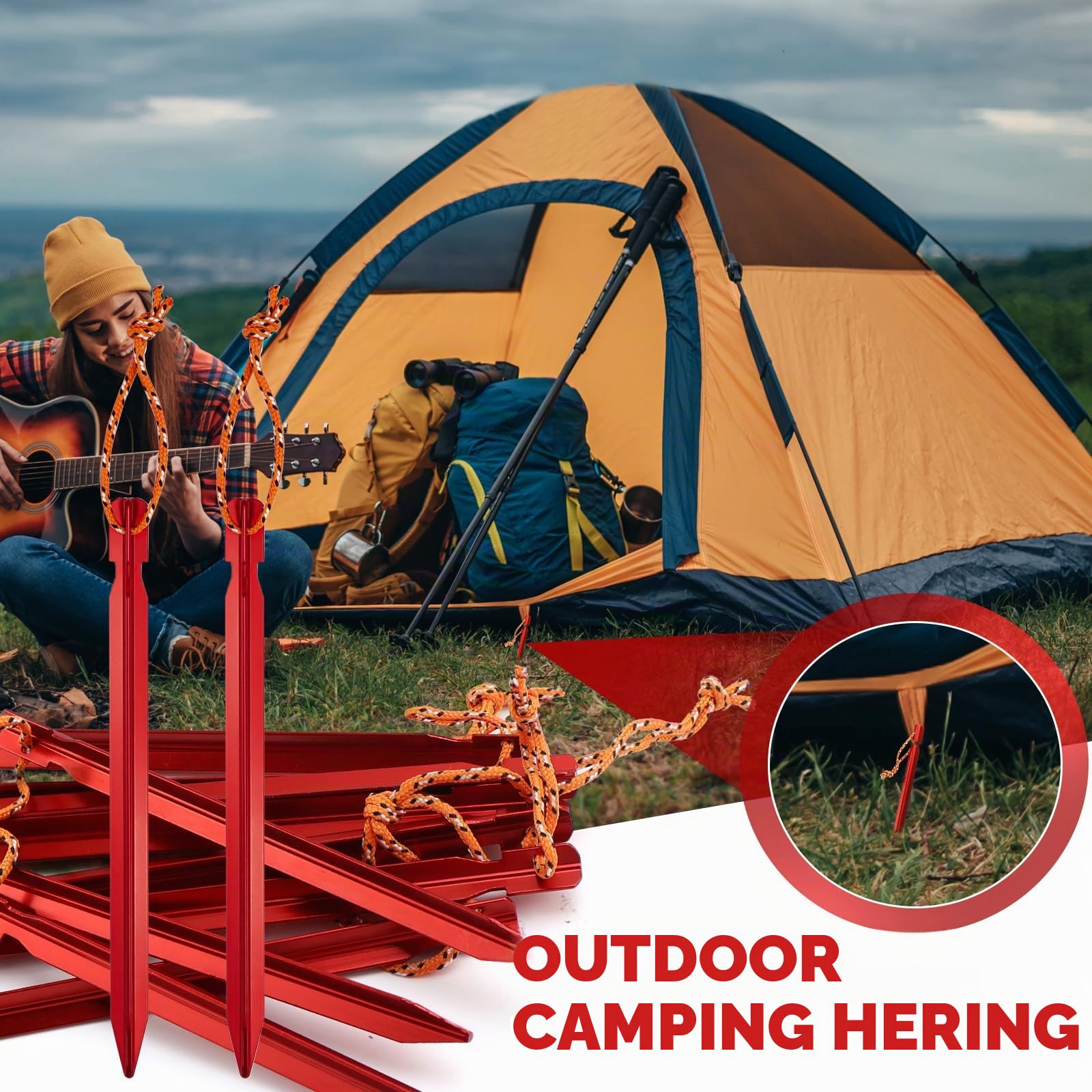 Zeltheringe Heringe Zelt 20 Stück Zelthaken Camping Heringe Erdnägel Stabil Aluminium Bodenanker mit Seil Sandheringe Strand Herringe Boden Zelt Hering Set Erdanker Erdhaken Garten Zubehör (Rot) Sport & Freizeit