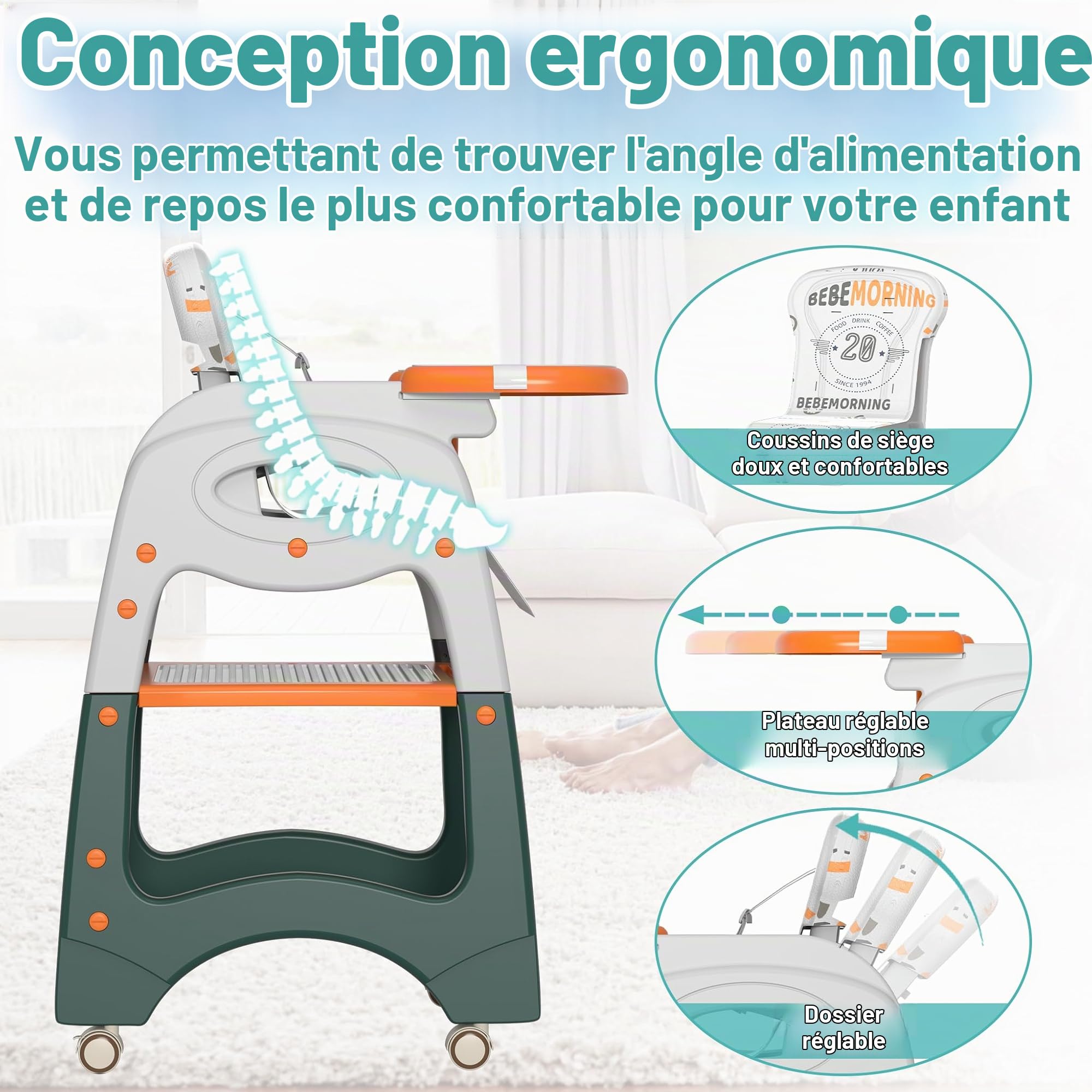 XMTECH Chaise haute pour bébé 6 en 1 pour bébés et tout-petits avec ceinture de sécurité, à partir de 6 mois, chaise de salle à manger, dossier réglable, table d'apprentissage, table et chaises, table