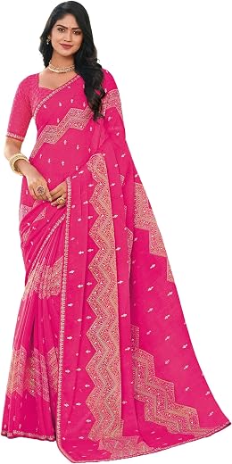 Laxmipati Sarees Women's Abstract Printed Chiffon Saree in Pink Color with unstitched Blouse Material - Suitable For All I...