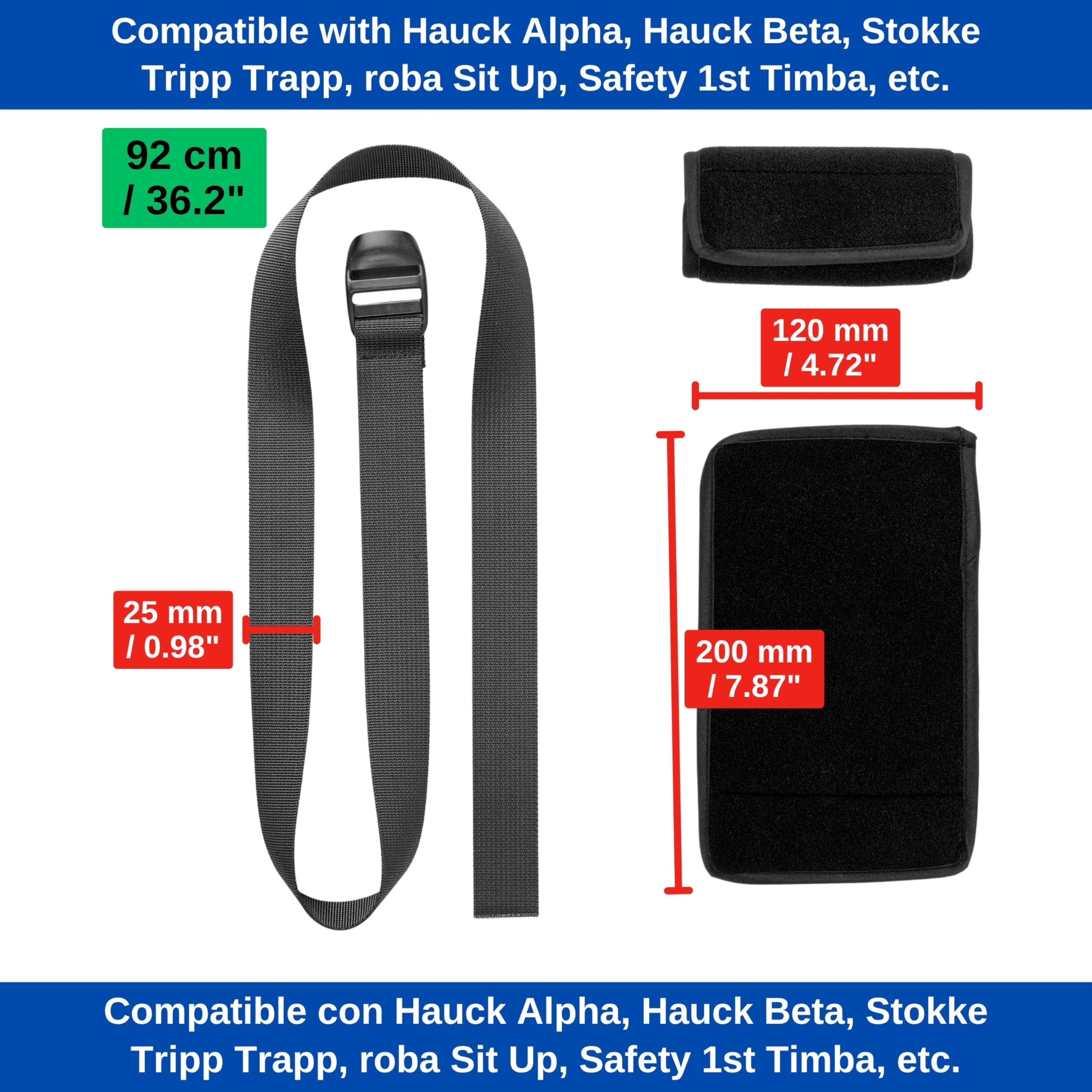 Juego de protector de correa de entrepierna y arnés para trona, 2 pzs, Negro, correas de arnés compatibles con Hauck Alpha Beta, Stokke Tripp Trapp, roba Sit Up, funda de neopreno suave