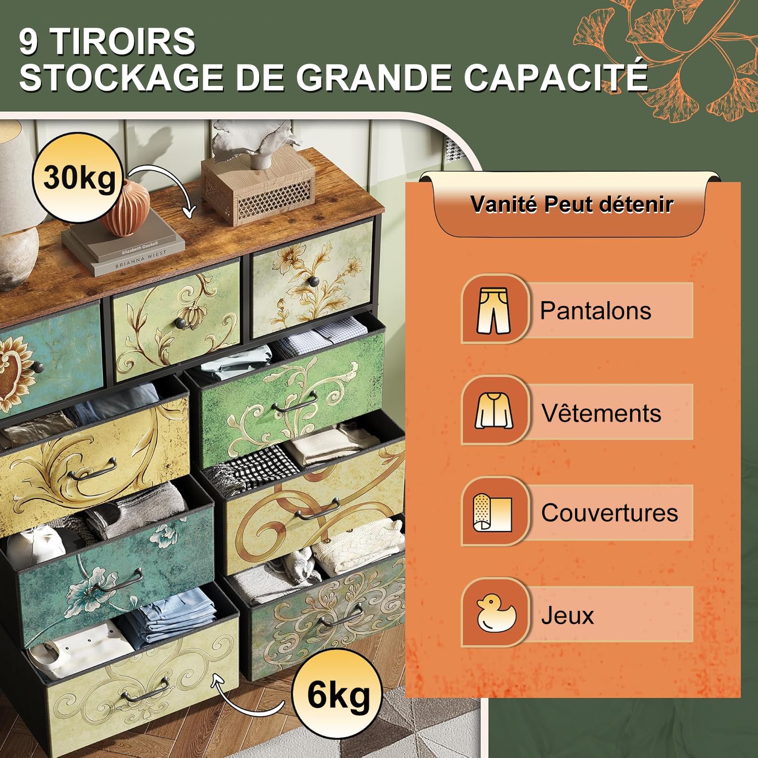 Commode à 9 Tiroirs en Tissu,Commode Chambre Adulte Armoire Tiroirs avec Plateau Bois et Cadre Métal,Meuble de Rangement pour Chambre d’Enfant, Salon et Couloir