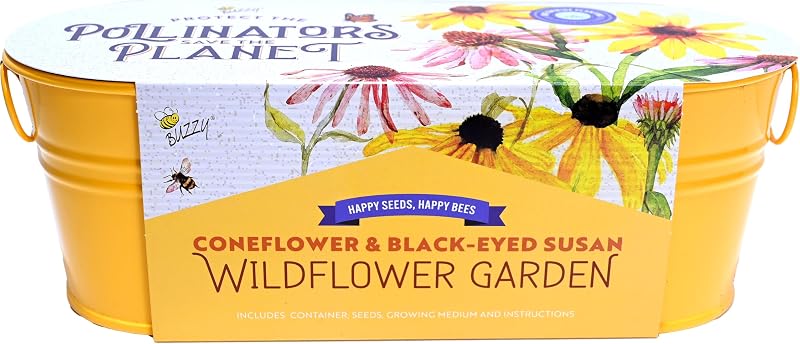 Buzzy Seeds Kit de cultivo de jardín de flores silvestres – Macetero de metal para alféizar de ventana – Kit completo de jardinería interior/exterior con semillas, medio de cultivo de cáscara de coco y macetas genuinas – 100% garantía de crecimiento