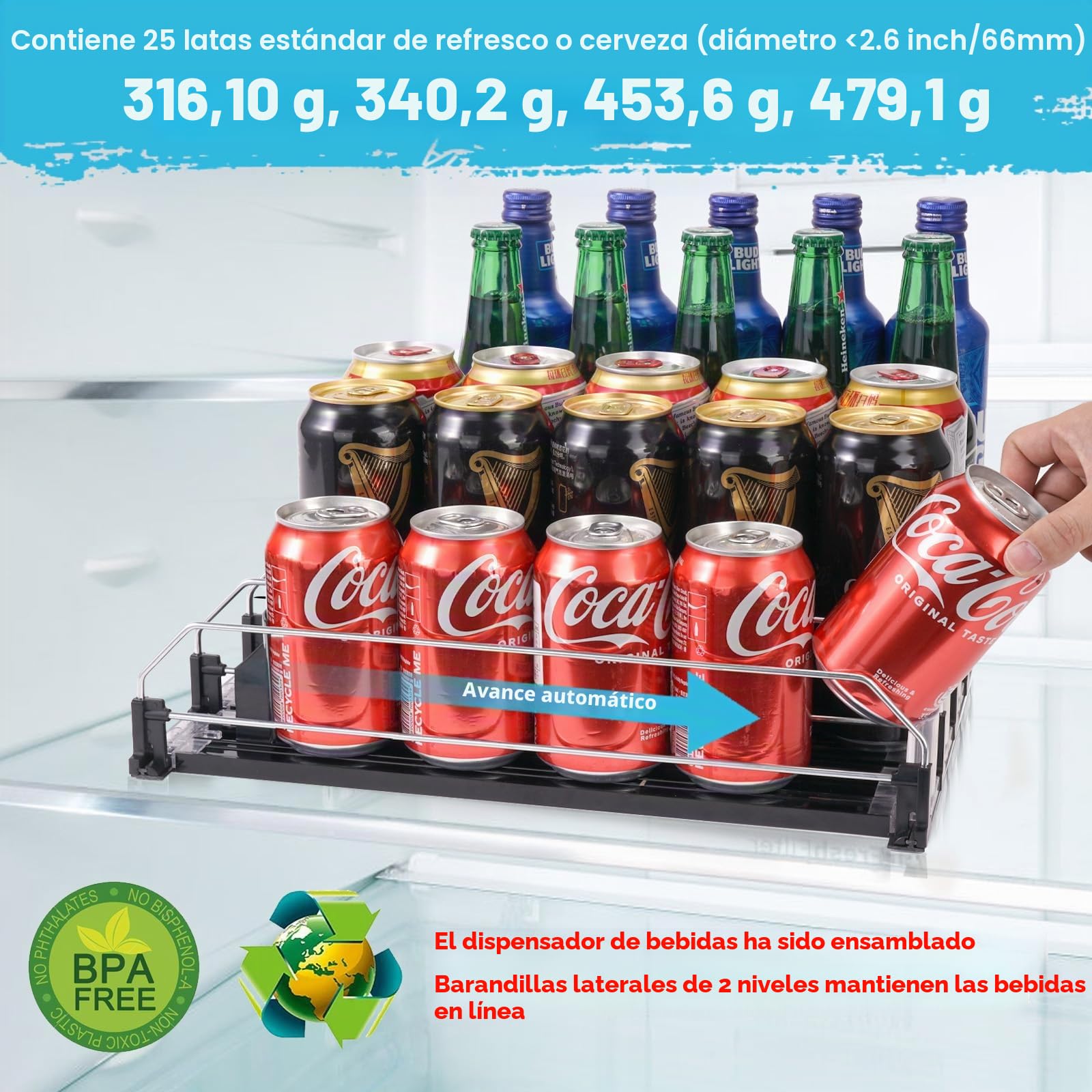 Automático Dispensador Latas Nevera Organizador Latas Frigorífico Refrigerador Cocina Despensa Almacenamiento 25 latas de tamaño estándar de 330ML 440ML 500ML Cerveza Soda Refrescos Bebidas