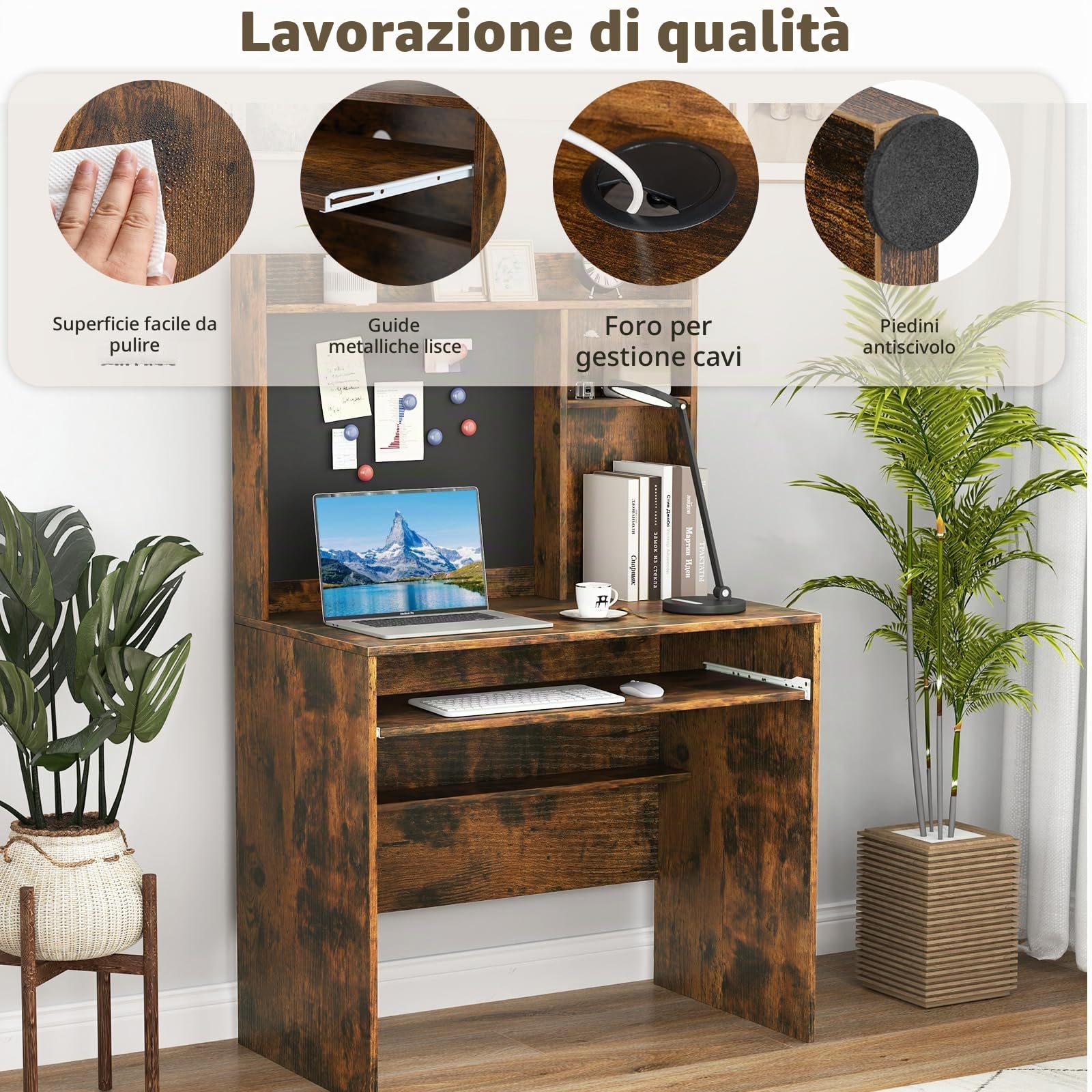 LIFEZEAL Scrivania, Scrivania Ufficio Porta Computer, PC, con Libreria e Lavagna Magnetica, 89x50cm, Scrittoio, in Legno, Moderno, Postazione di Lavoro, Studio, Piano Ampio, Portaoggetti (marrone)