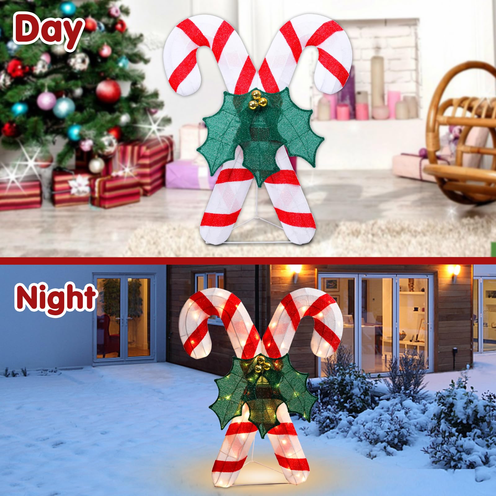 Vipush Decoración navideña iluminada para exteriores, caramelo de bastón preiluminado de 3 pies para césped 3D con luces cálidas, exhibiciones navideñas iluminadas al aire libre para decoración de