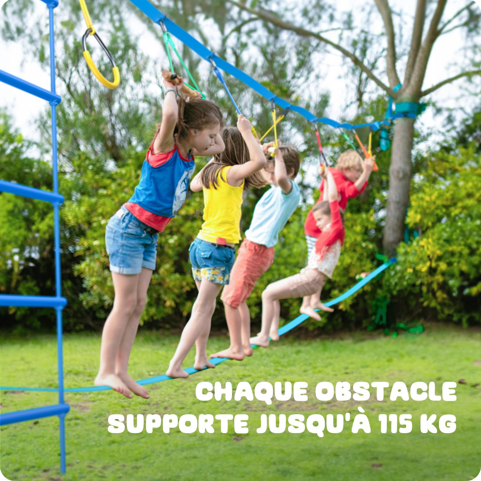 Hapfan Parcours Ninja d'obstacles,15m×2 Slackline avec 8 Obstacles à Suspendre Mixte,Slackline kit Parcours d'obstacles à Suspendre en Plein air,Filet et échelle,Monkey Bar Kit,tyrolienne