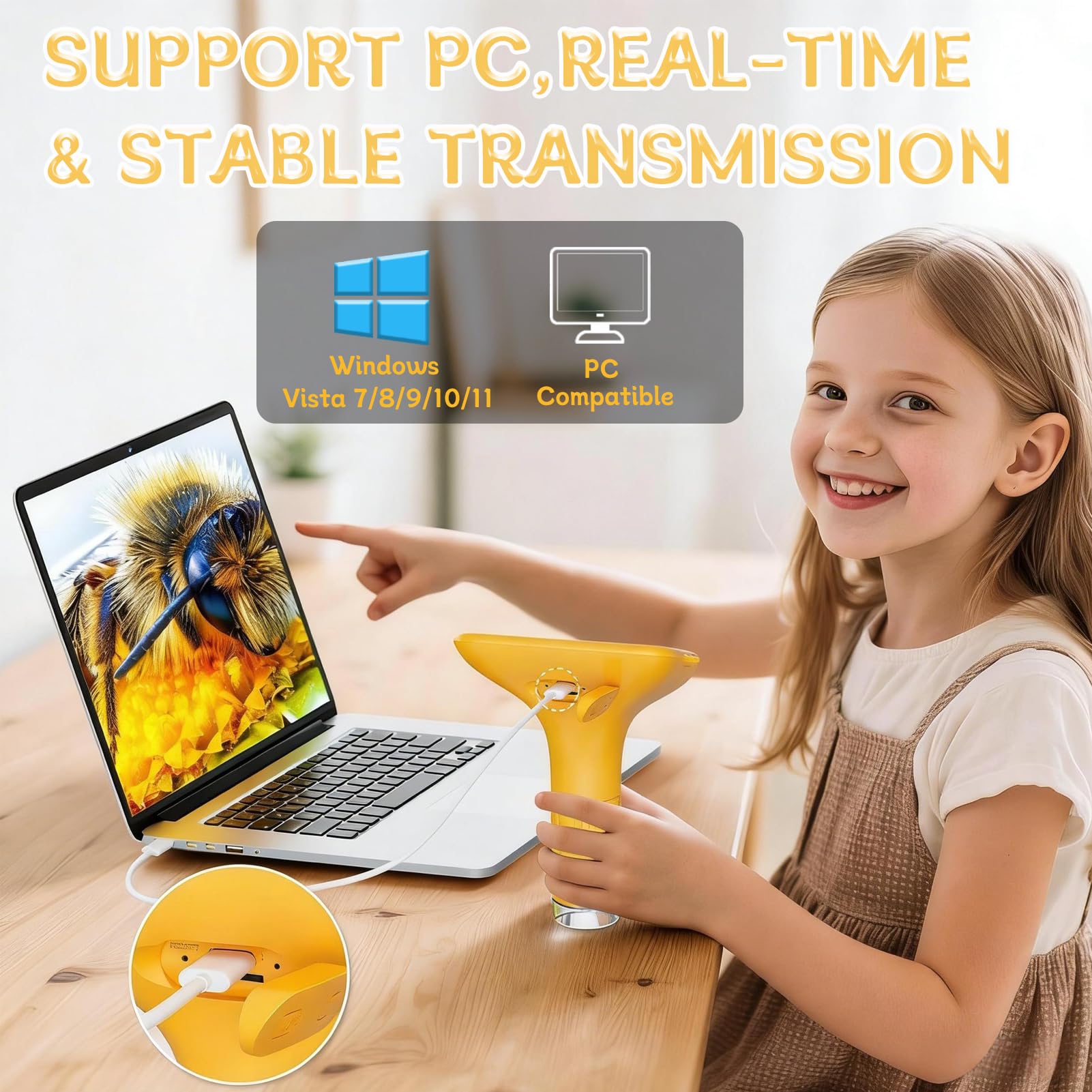 Microscopio Digitale per Bambini, 1000X Mini Microscopio Portatile con Schermo IPS 2,0" e 8 LED, microscopio Tascabile USB Type-C Compatibile PC, Gioco Scientifico Educativo dai 3+, Giallo