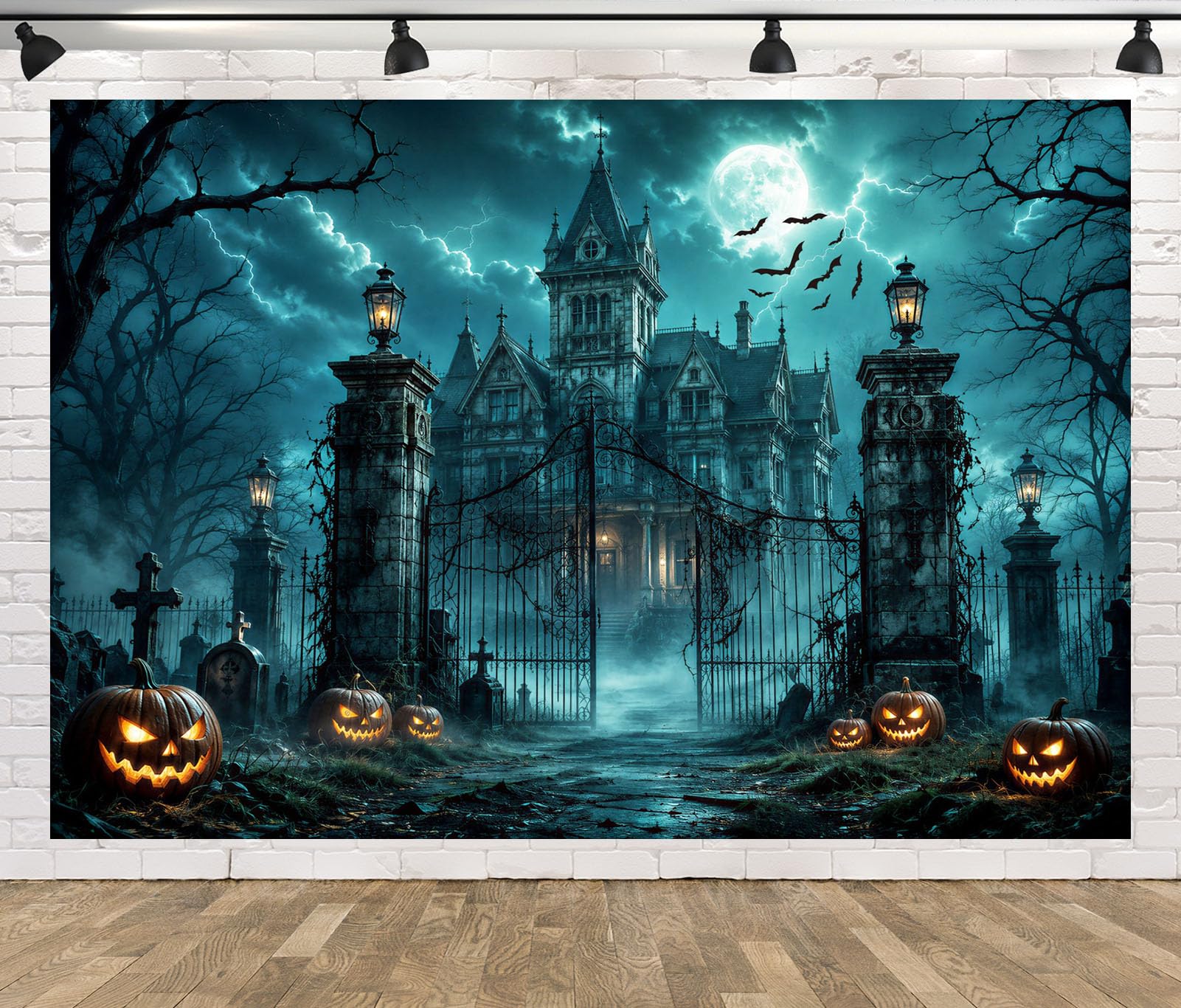 BELECO 3.6x3m Tessuto Sfondo Villa Gotica Infestata Cimitero | Casa Infestata Halloween Zucca Lapide Luna Piena Pipistrello Temporale Sfondo Festa Orrore Telo Di Sfondo