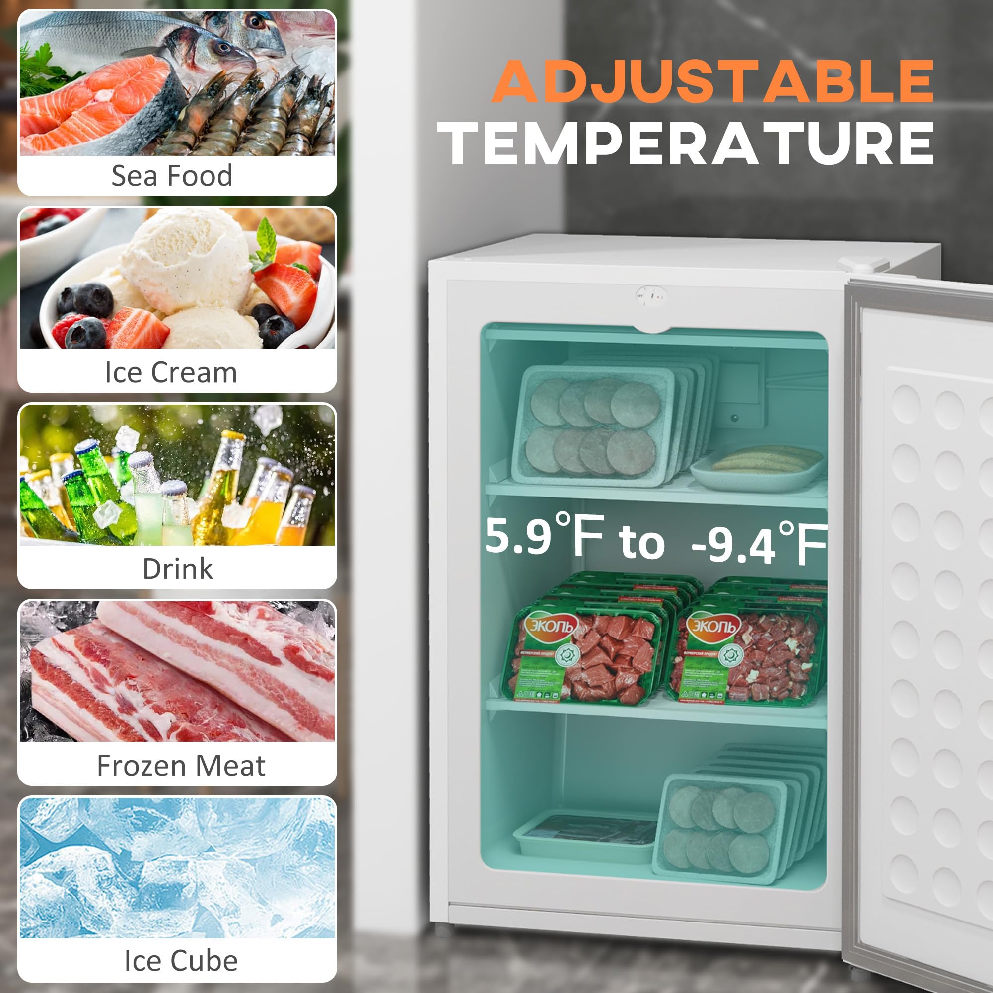 HOMCOM Mini Freezer Countertop, 3 Cu.Ft Compact Upright Freezer With 3 Shelves, Reversible Door For Home, Dorm, Apartment And Office, White on Fridge.com - View 4