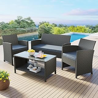 ALFORDSON Outdoor Patio Furniture 4pcs Conversation Set, Wicker 4 Pieces Lounge Chair & Glass Coffee Table Setting, Steel ...