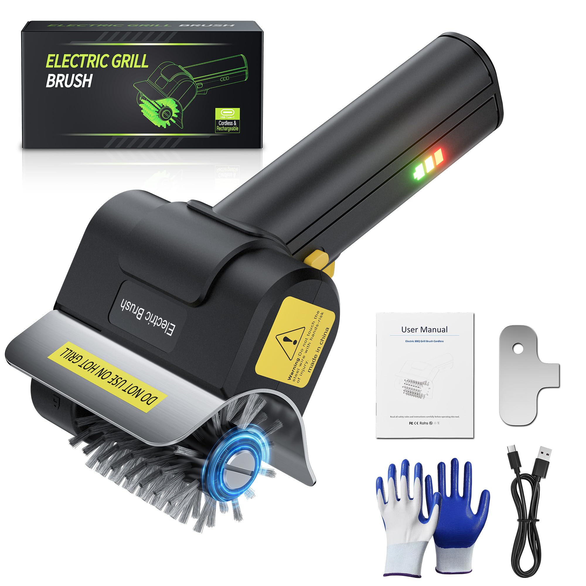 Cepillo eléctrico para parrilla, cepillo de barbacoa inalámbrico resistente con cerdas de acero inoxidable, batería recargable de 2000 mAh, limpiador motorizado de parrilla de 1100 RPM para parrillas