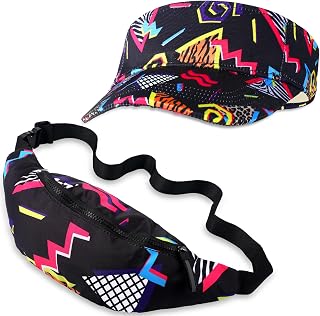 Mepase 2 Pcs 80s 90s Fanny Pack 80s Outfit Sun Visor Hat Set Waist Bag 90s Baseball Hat for Men Women Summer Travel Party