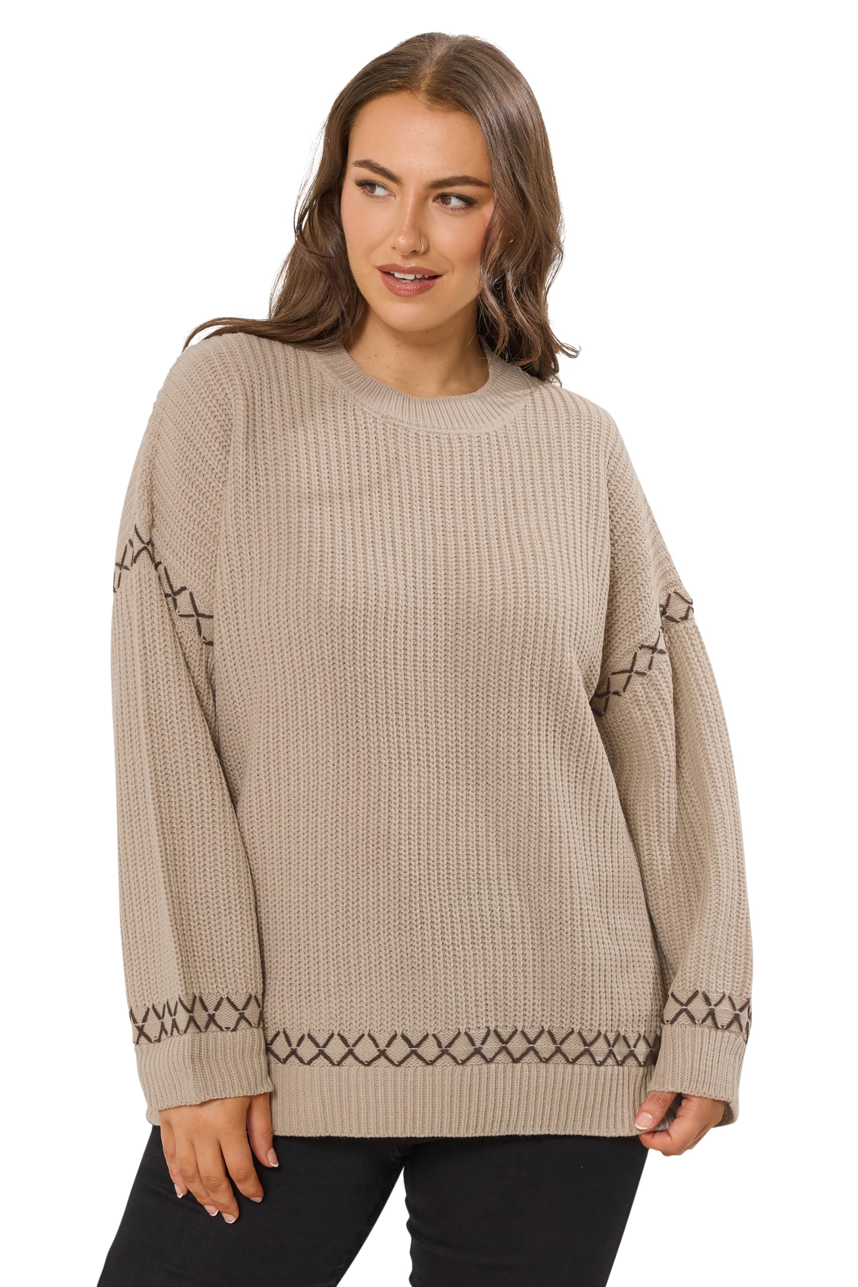 Yours Women's Natural Blanket Stitch Jumper In | Size: 26/28