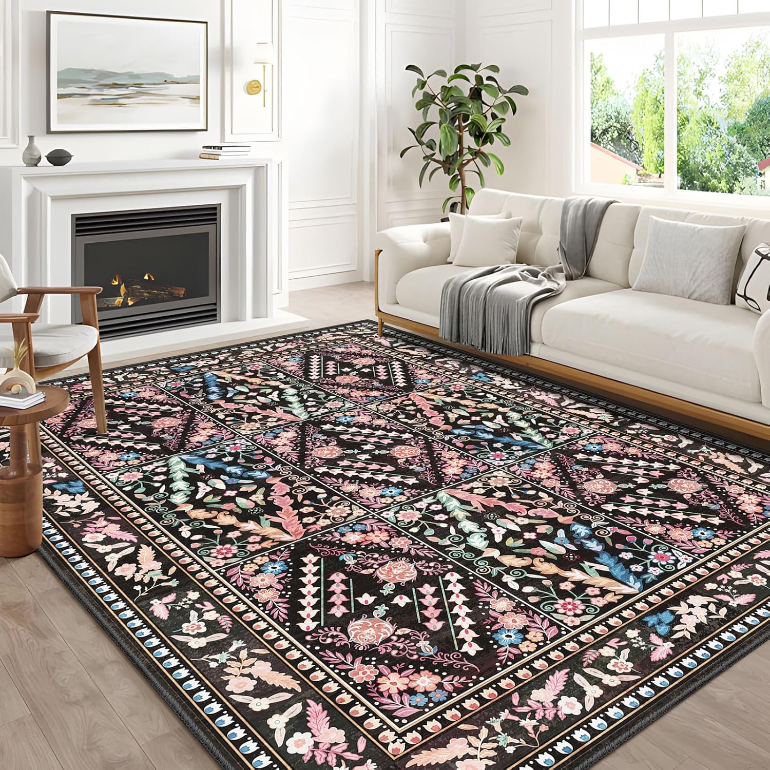 Black Rug 8'x10' - Washable Floral Boho Diamond Area Rug for Bedroom Living Room Bedside, Kitchen,Dining Room,Kids Room, Office, Low Pile Ultra Soft Stain & Fade Resistant Non Slip Carpet 8' x 10' (Rectangular) Diamond-black