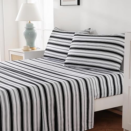Miniatura 3 de MCO Juego de sábanas a rayas de 4 piezas, juego de sábanas transpirables tamaño King con bolsillo profundo de 16 pulgadas, moderno y lujoso, juego