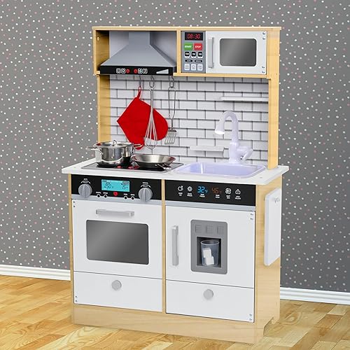 Miniatura 7 de Lil' Jumbl Juego de cocina pequeña natural para niños, cocina de madera de simulación, incluye campana extractora, microondas, estufa, horno que
