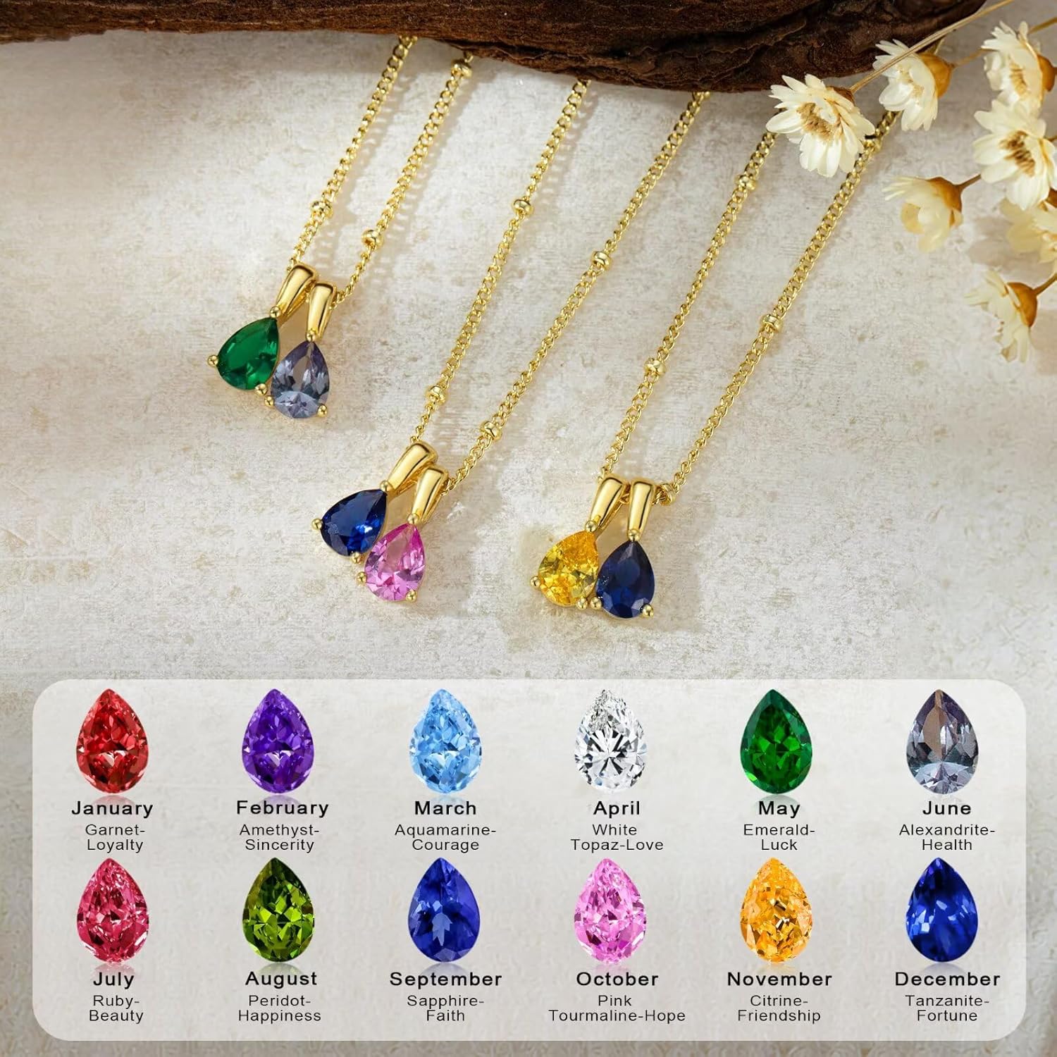 Turandoss 2 Teardrop Birthstone Necklace for Women Her – Personalized 14K Gold Plated 12 Months Created May Crystal Birthstone Pendant Necklace Jewelry, Birthday Gifts for Women Jewelry - Image 6