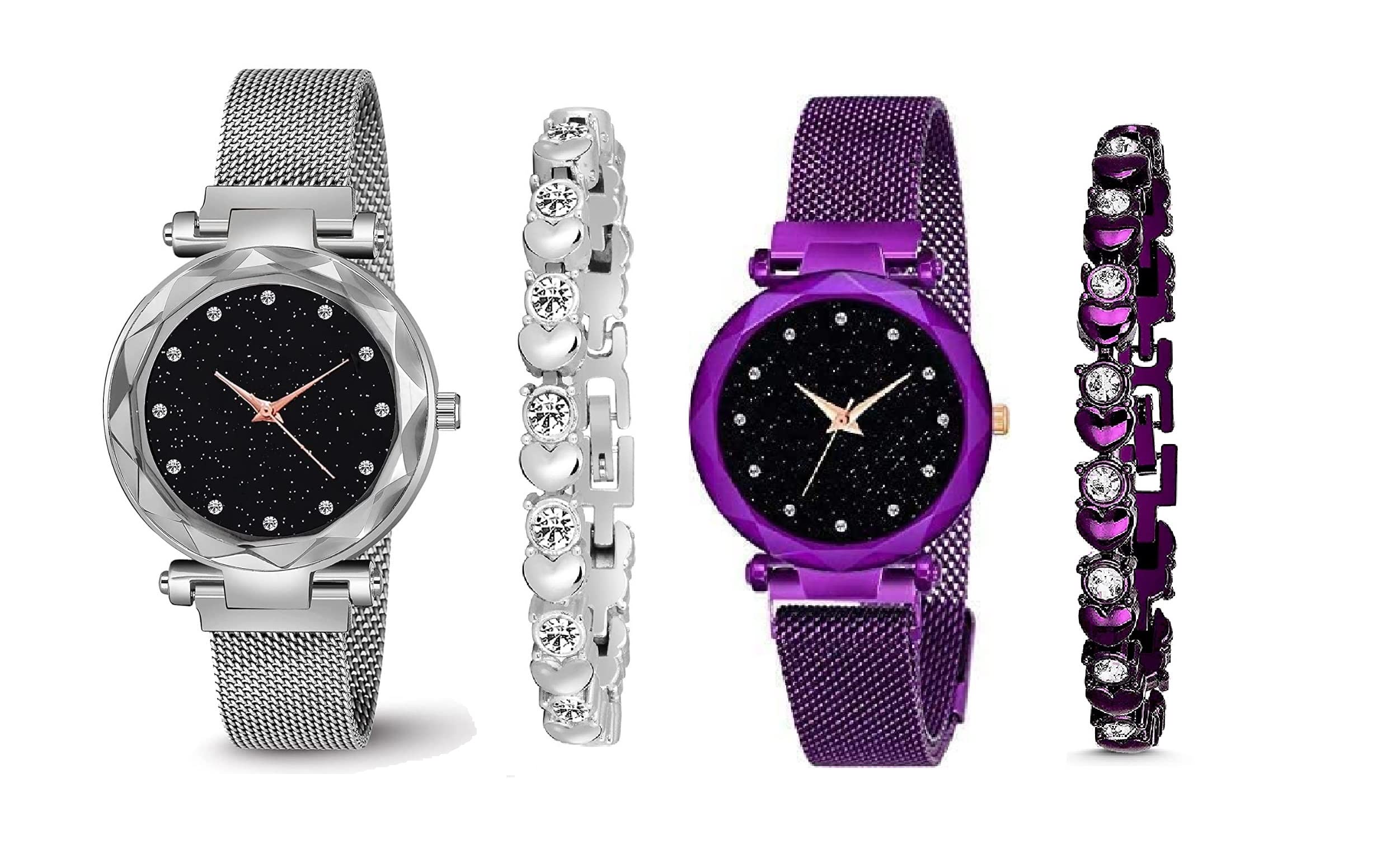 Xaliconi Analogue Rose Gold and Purple Magnet Strep with Bracelet Analog Watch Combo Gift for Girls (Pack of 4 Pc) (Silver-Purple) (B0BFH8XGDG) Amazon Price History, Amazon Price Tracker