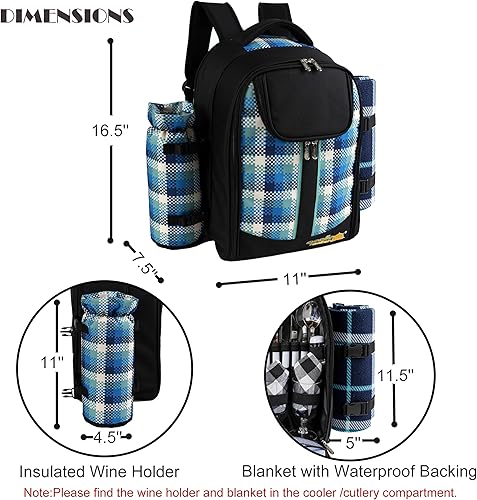 Miniatura 37 de apollo walker Mochila de picnic para 2 personas con compartimento refrigerador, soporte desmontable para botellas/vino, manta de vellón, platos