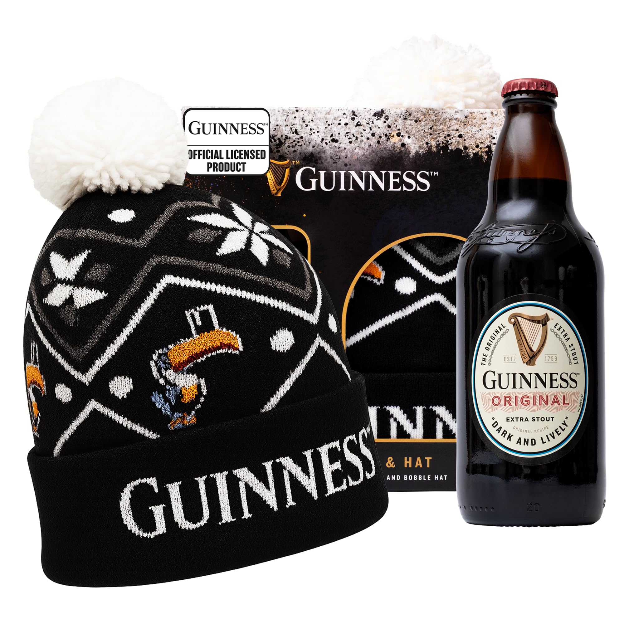 Guinness Gifts for Men, Beer Gift Set - Official Licensed Guinness 500ml & Bobble Hat - Premium Alcohol Gift Set for Him, Dad, Birthday Gifts for Men Who Have Everything, Mens Presents, Valentines Day